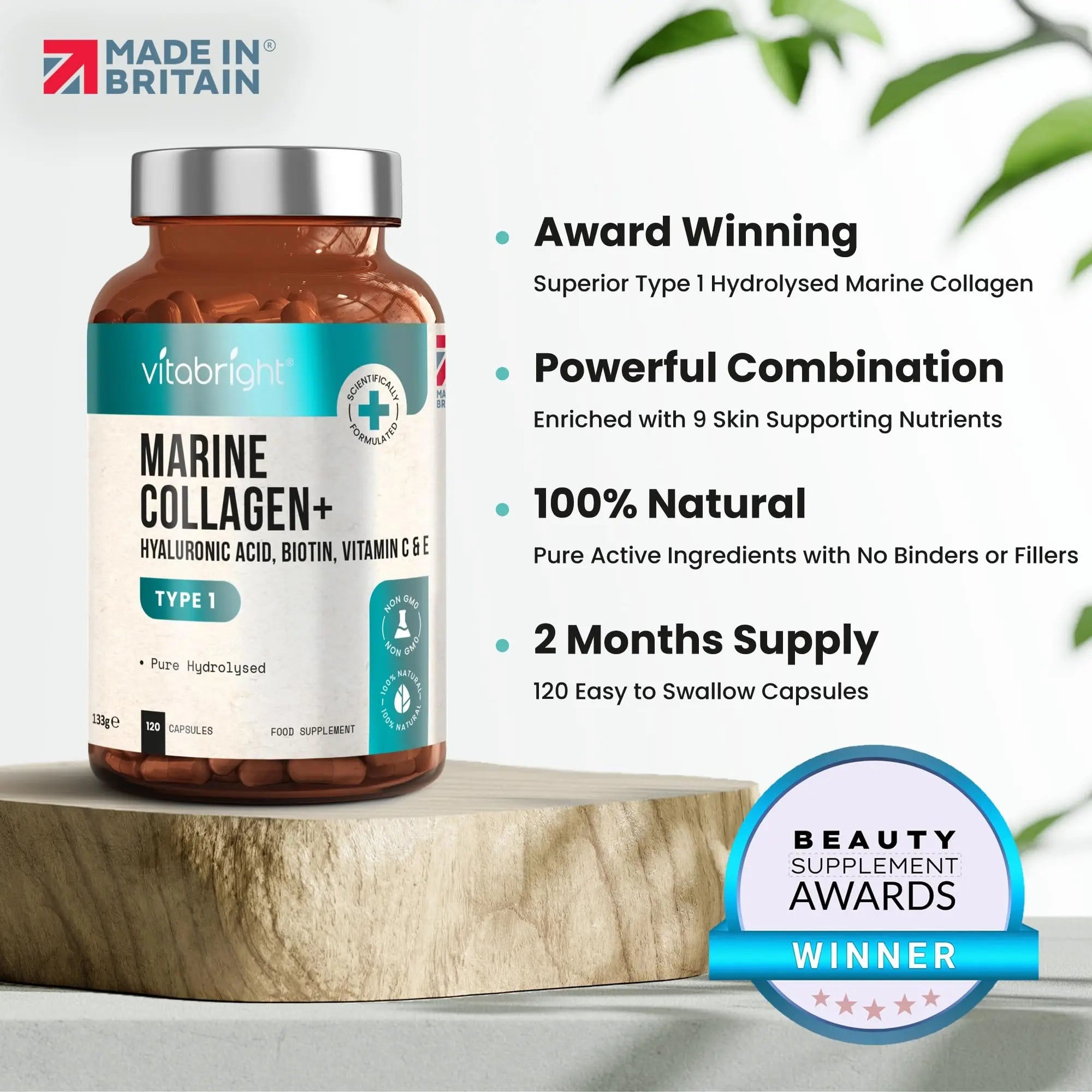 Marine Collagen Capsules 1000mg - 120 Capsules - 9 Powerful Skin Supporting Nutrients VitaBright Au supplements