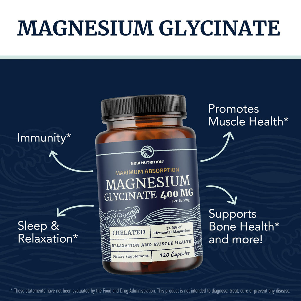 Magnesium Glycinate 400mg | High Absorption Formula for Sleep, Calm, Muscle Relaxation, Heart, Bone & Nerve Support for Women & Men | Chelated Magnesium Glycinate Supplement | 120 Ct (2 Month Supply) Nobi Nutrition Au supplements