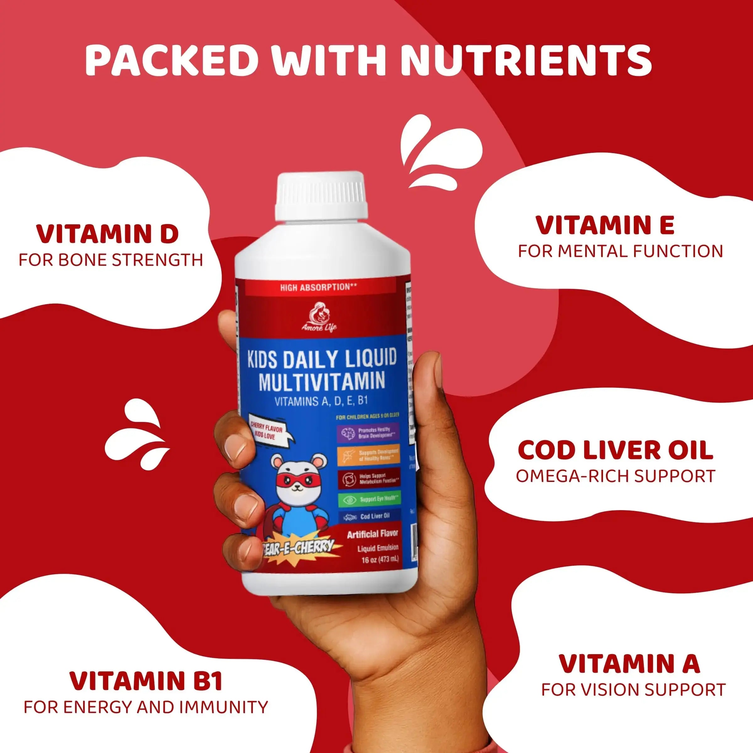 Amore Life Daily Liquid Multivitamin for Kids, High Absorption with Liquid Vitamin A, D, E, B1 and Cod Liver Oil for Kids Amore Life Au supplements