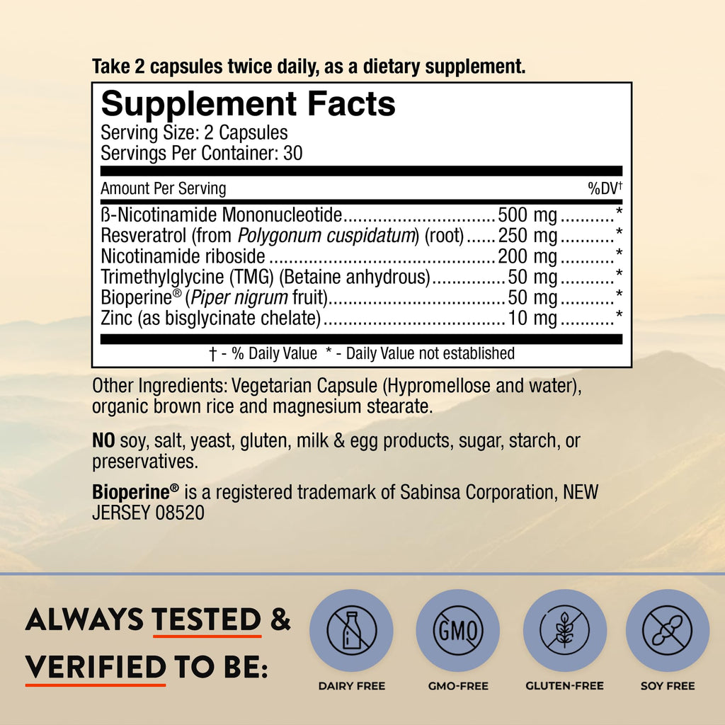 Mt. Angel Vitamins NMN Supplement + NR with Resveratrol & TMG, Dual NAD+ Precursors for Cellular Energy & Healthy Aging, 60 Capsules