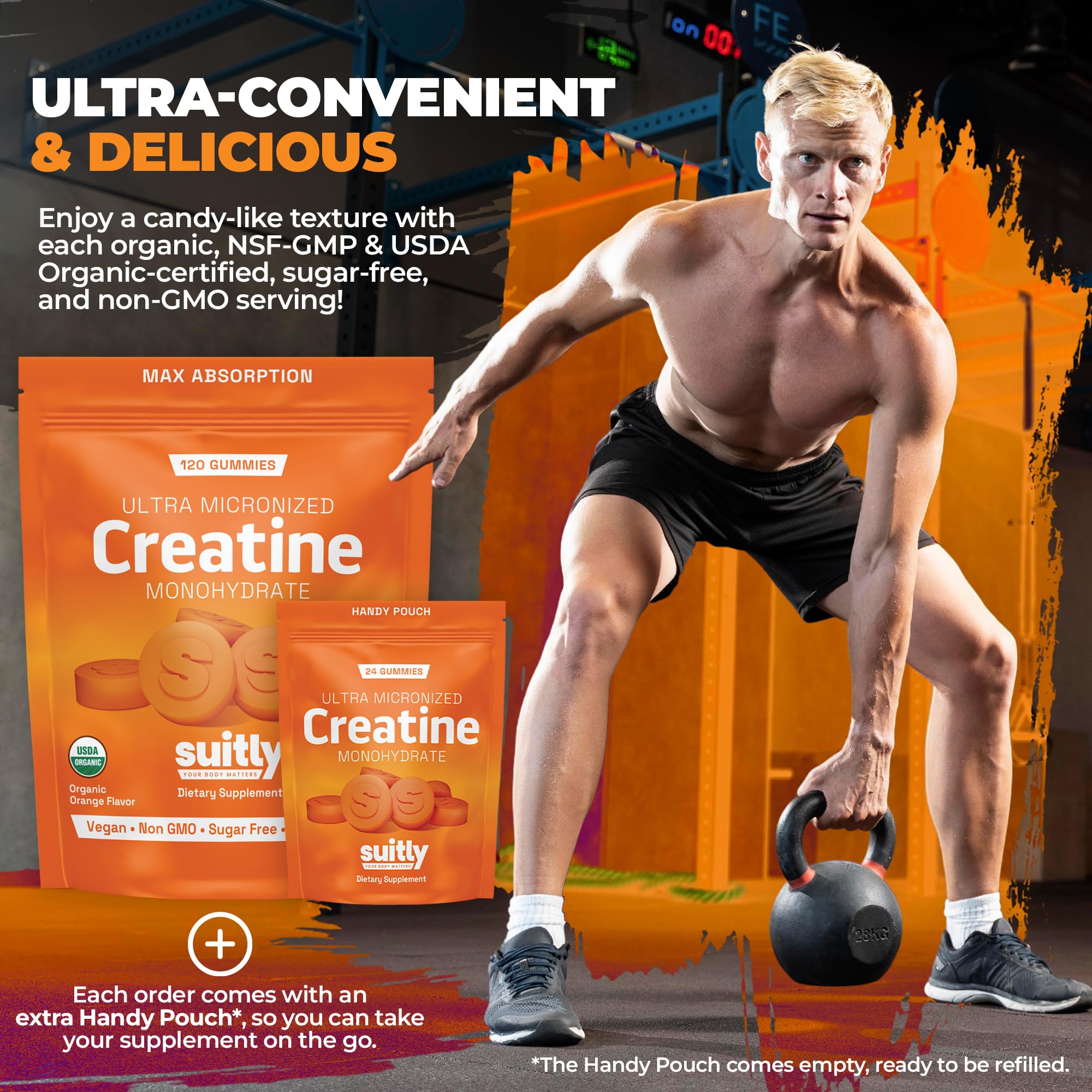 USDA Organic Ultra-Micronized Creatine Gummies for Men & Women; Orange Max Absorption 5g Creatine Gummies Sugar Free for Muscle Gain, Energy & Recovery; Muscle Builder for Women with Pouch - 120 Count Suitly Au supplements