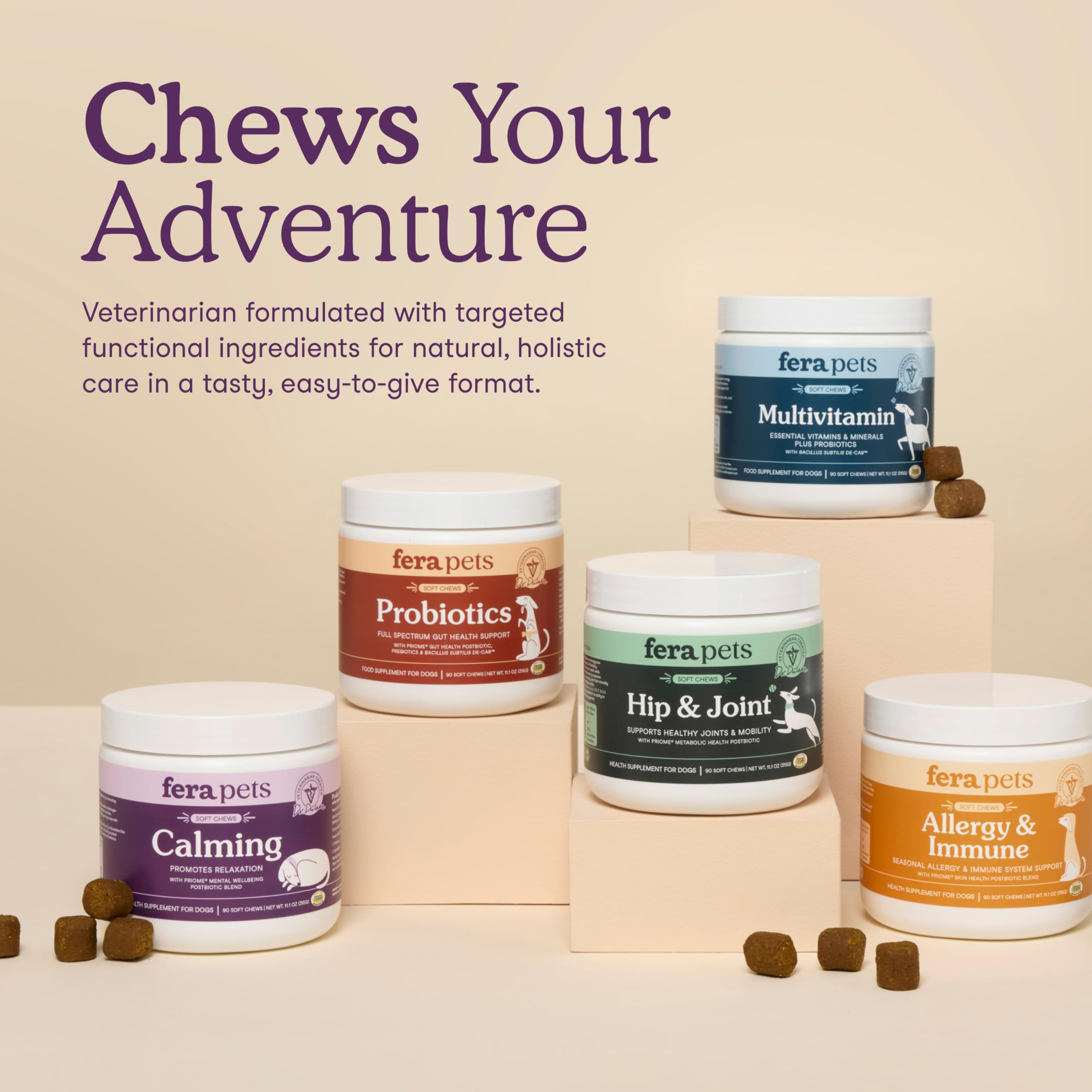 Fera Pets Dog Calming Chews - Helps Manage Everyday Stress & Separation - Promotes Relaxation - Ashwagandha & Priome® Mental Wellbeing Postbiotic Blend - 30 Soft Chews Fera Pets Au supplements