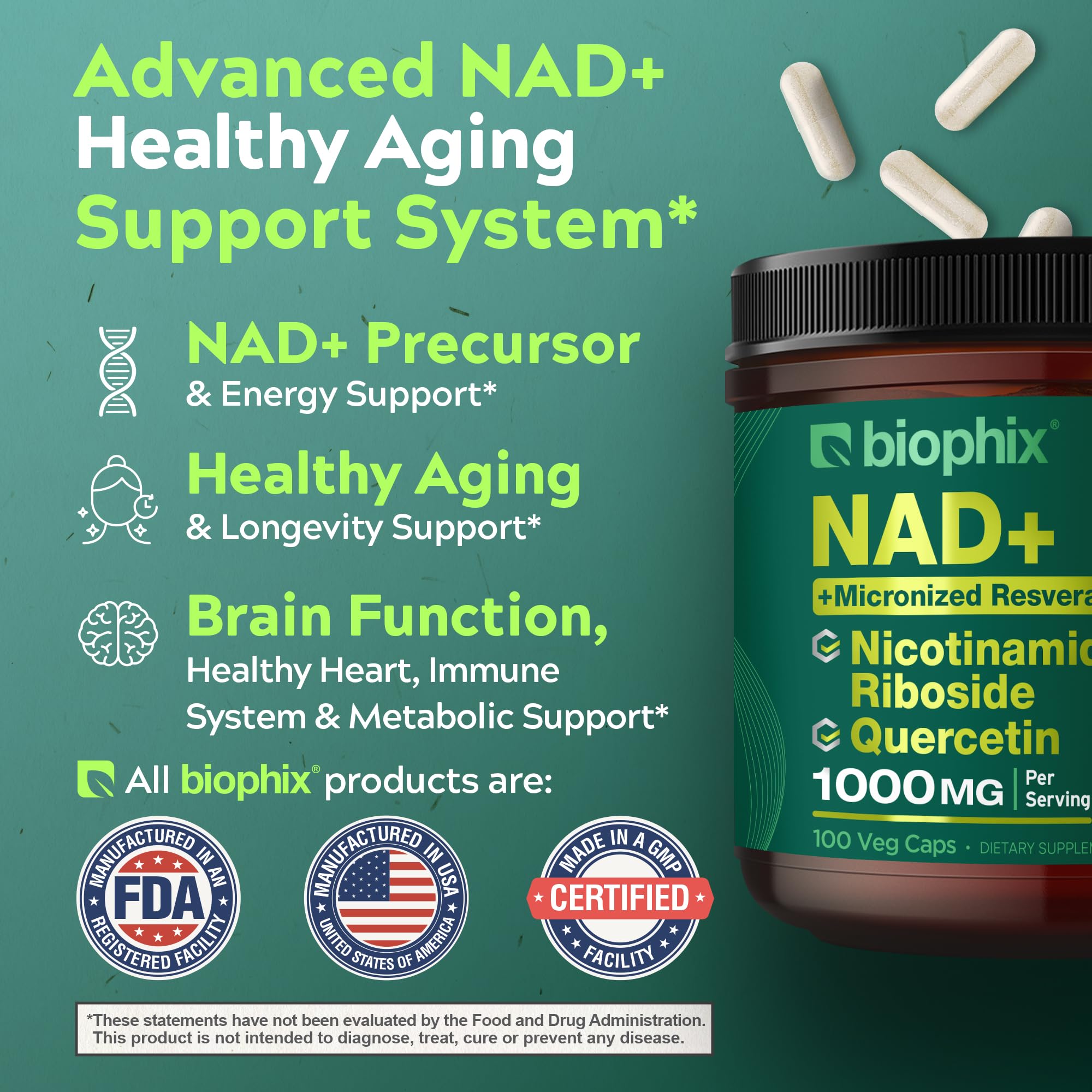 biophix NAD+ Liposomal Supplement for Women & Men - 1000 mg per Serving - Nicotinamide Riboside, Micronized Resveratrol & Quercetin Complex - 100 Veg Capsules - Non-GMO, Gluten-Free, cGMP Certified biophix Au supplements