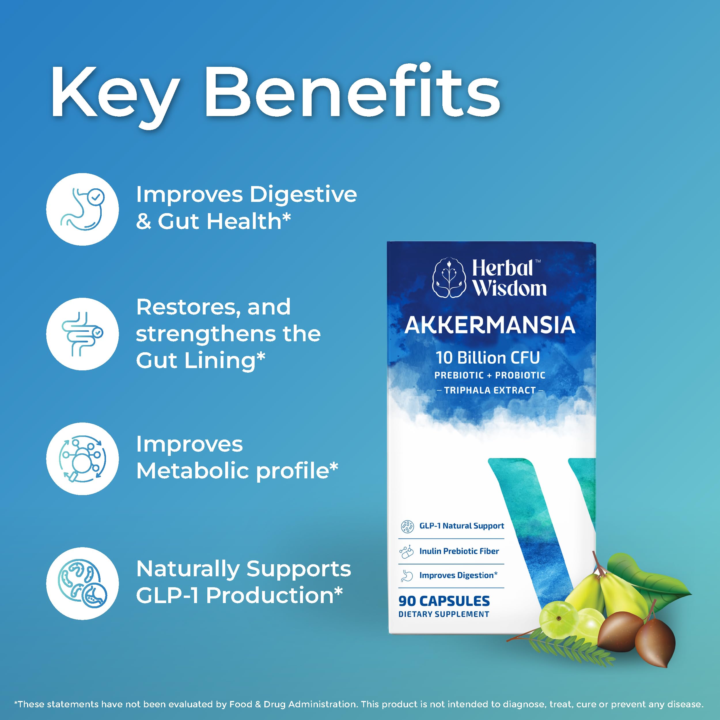 Herbal Wisdom Akkermansia Probiotic 10 Billion CFU - Advanced Support, Probiotic+Prebiotic | for Gut & Metabolism Support - No Bloating | with Inulin & Triphala