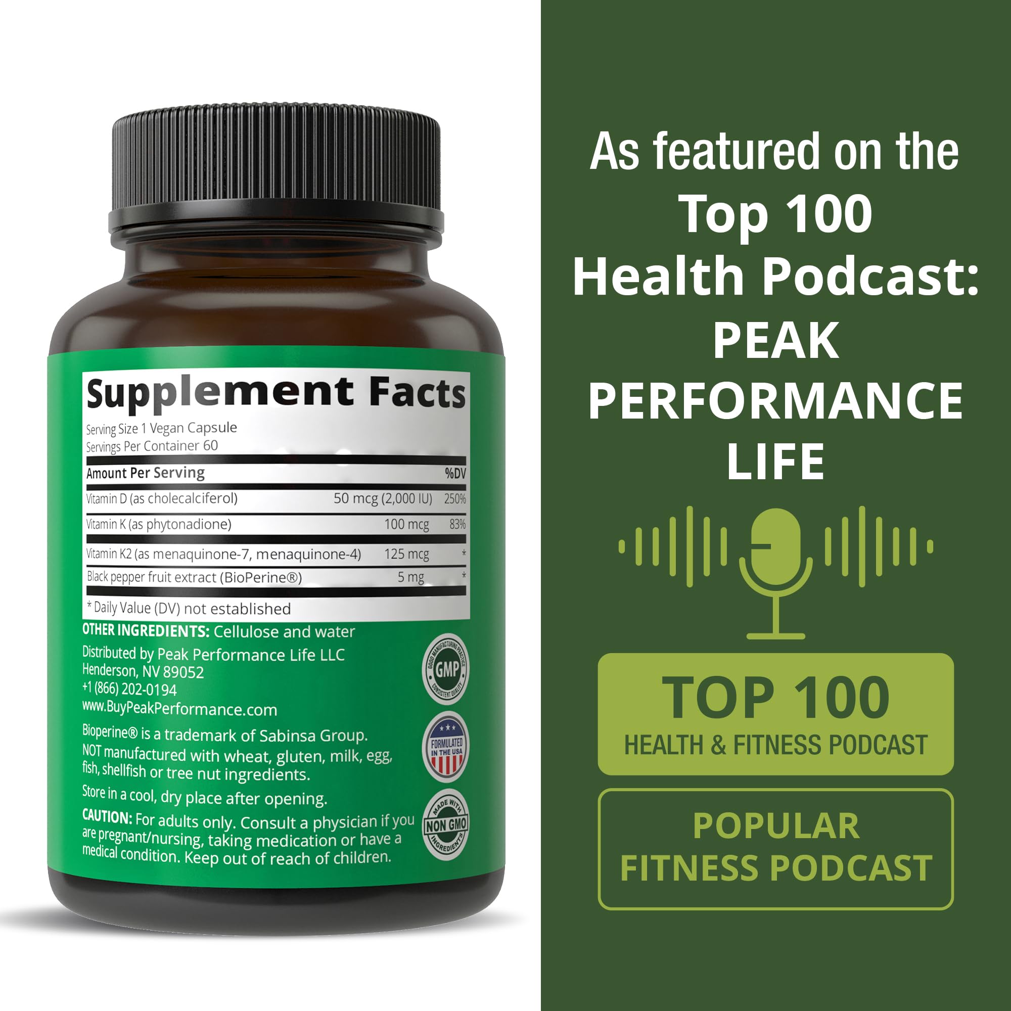 Peak Performance Advanced Vitamin D 2000 IU with All 3 Types of Vitamin K Vitamin D3 and Vitamin K2, K1, MK-7 (MK7), MK4 Supplements - 60 Small and Easy to Swallow Vegetable Pills Peak Performance Au supplements