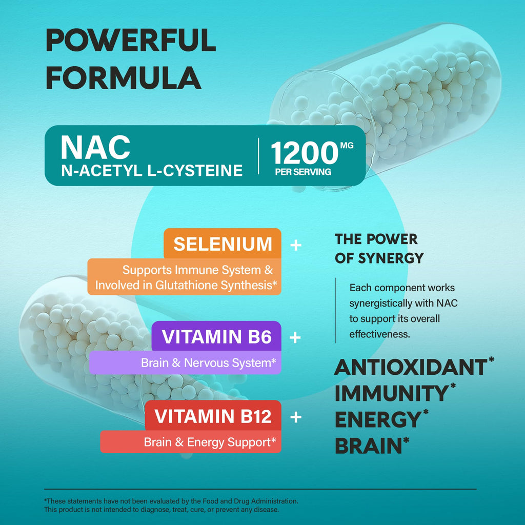 NAC Supplement | Selenium | B6 | B12 - Antioxidant, Immune Support - N Acetyl Cysteine 600 mg per Capsule, 1200 mg per Serving - Made in USA - Non-GMO, Gluten-Free