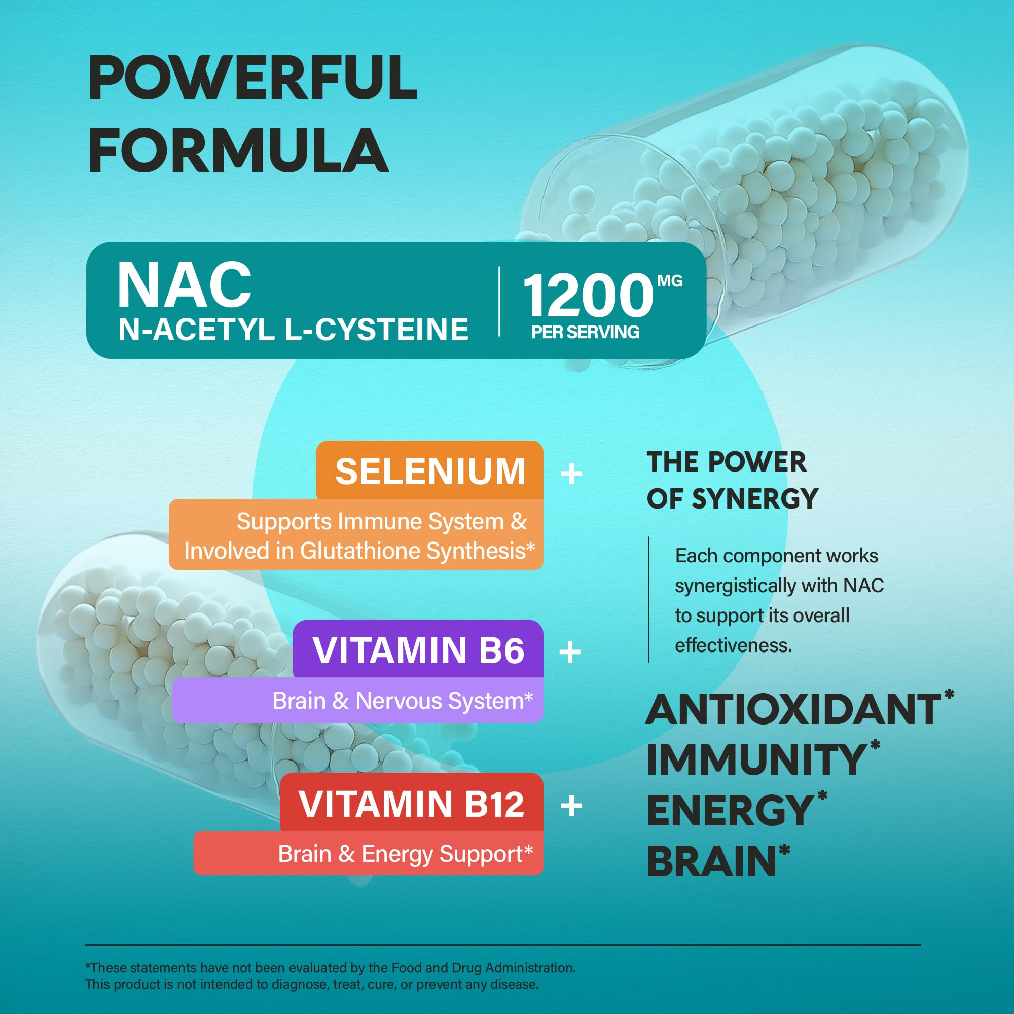 NAC Supplement | Selenium | B6 | B12 - Antioxidant, Immune Support - N Acetyl Cysteine 600 mg per Capsule, 1200 mg per Serving - Made in USA - Non-GMO, Gluten-Free