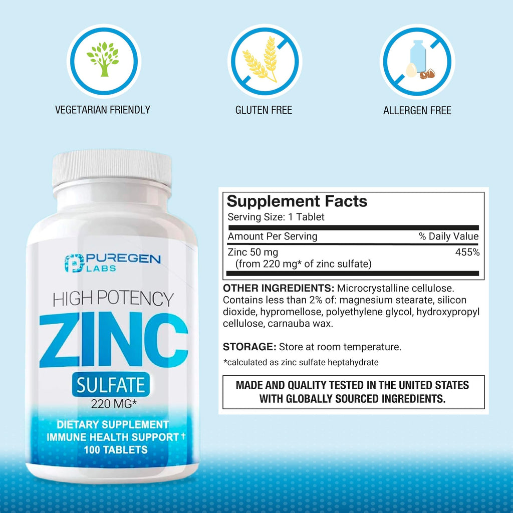 Zinc 220mg [High Potency] Supplement – Zinc Sulfate for Immune Support System 100 Tablets