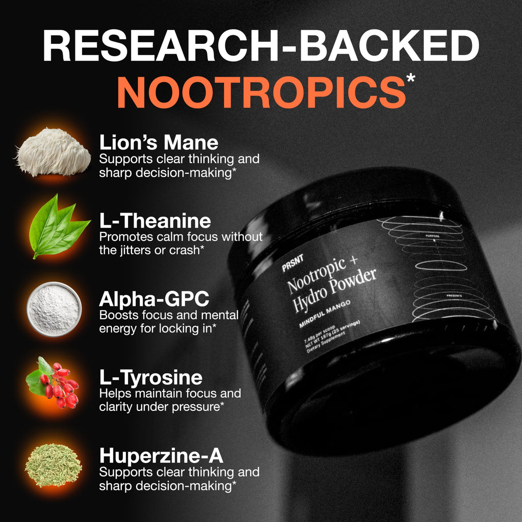 PRSNT Nootropic Focus Powder | Mango 25 Servings | Caffeine-Free, Sugar-Free | Supports Focus, Energy, Mental Clarity | Nootropic + Electrolytes Hydration Focus Drink Mix PRSNT Au supplements