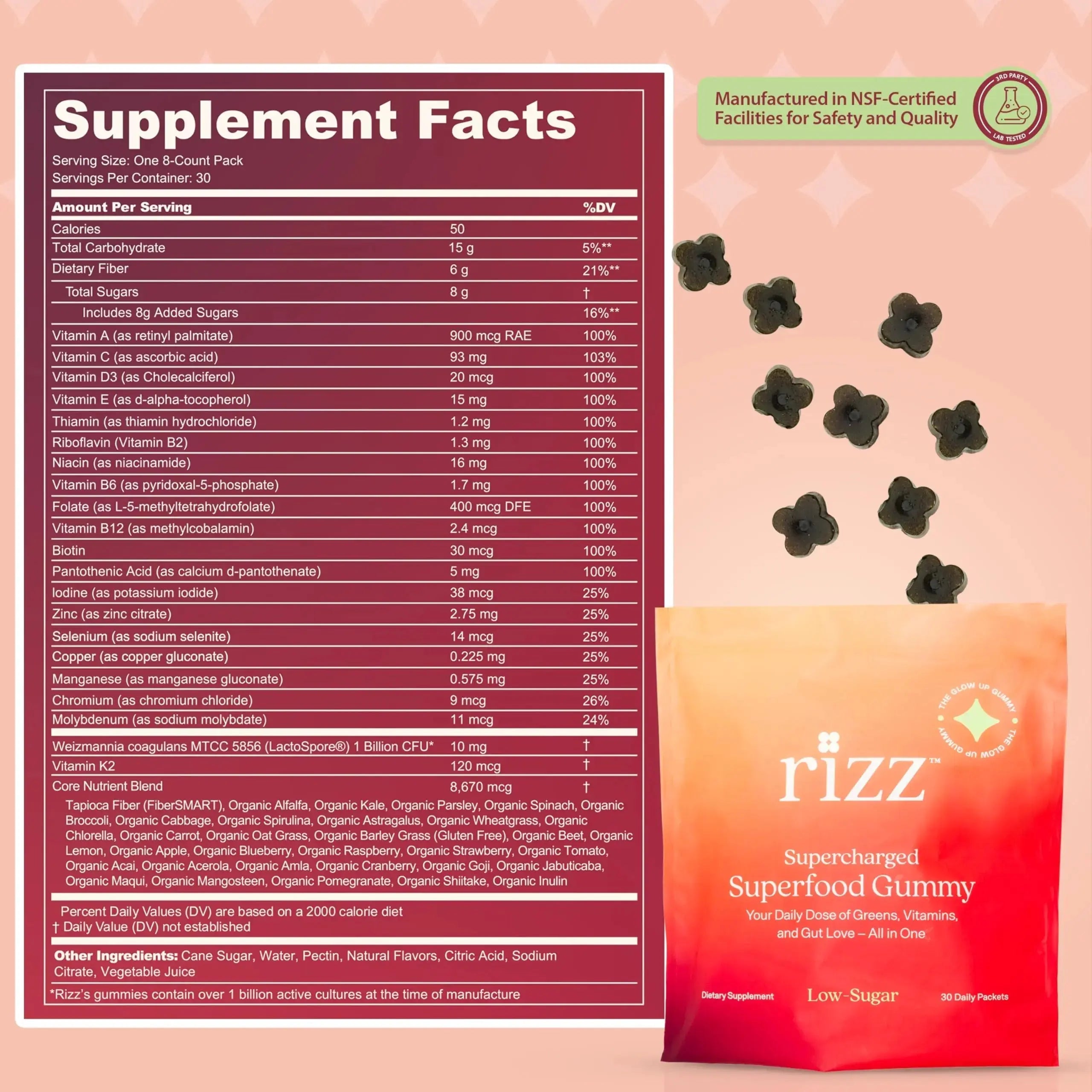Rizz Low Sugar Green Gummies - 60+ Superfoods 6g Fiber - Prebiotic and Probiotic Gummies - Vegan Multivitamins for Women & Men Rizz Au supplements