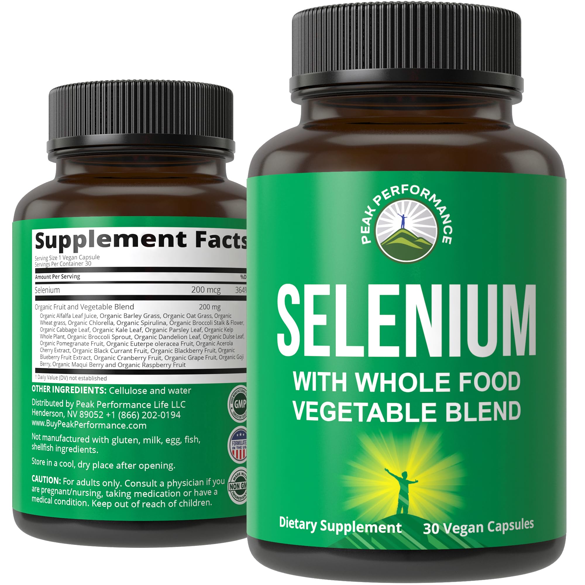 Selenium Supplement with Whole Food Blend of 25+ Vegetables and Fruits for Max Absorption. Pure Selenium Vegan Capsules for Immune System, Thyroid Support, Heart Health, Prostate Support. 30 Pills Peak Performance Au supplements