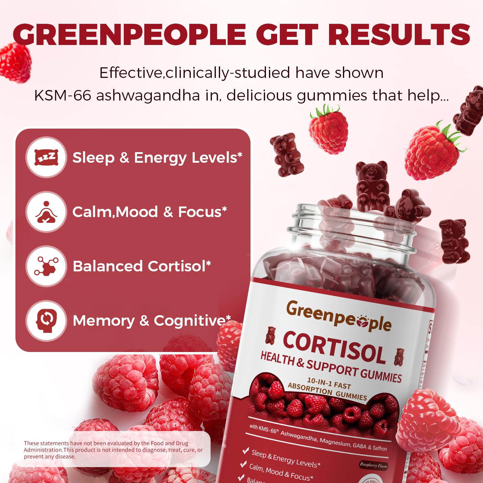 GREENPEOPLE Cortisol Supplements for Women & Men - Cortisol Reducer Detox Manager w/KSM-66 Ashwagandha/Magnesium/L-theanine/GABA/Vitamin B6 for Mood/Sleep/Stress Relief 60 CT Raspberry Flavor Gummies GREENPEOPLE Au supplements