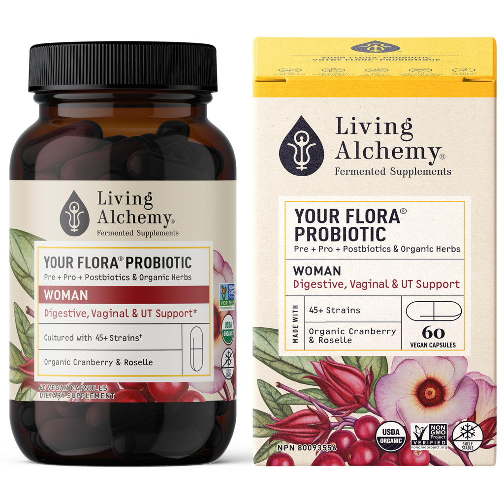 Living Alchemy Gut Health Supplements for Women - Your Flora Probiotics Women with Fermented Soybean, Cranberry Juice, Roselle, Prebiotics, Digestive Enzyme, & Probiotics - Vegan, Non-GMO, 60 Pcs