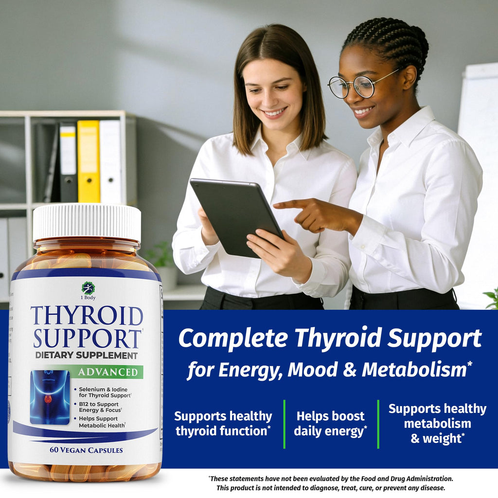 1 Body Thyroid Support Supplement for Women and Men, Selenium with Iodine, Zinc, B12, Ashwagandha and L-Tyrosine, Supports Hormone Health, Energy and Metabolism, 30 Day Supply 1 Body Au supplements