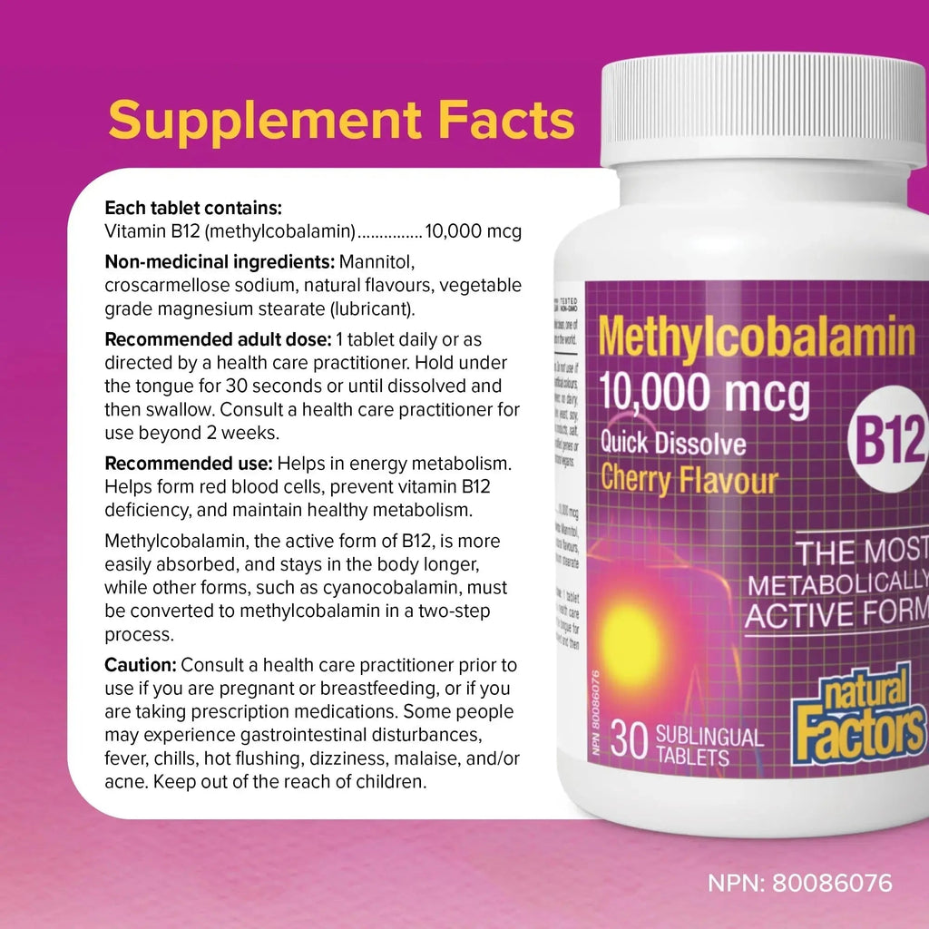 Natural Factors B12 Methylcobalamin, 10,000 mcg, Cherry, 30 Chewable Tablets Natural Factors Au supplements
