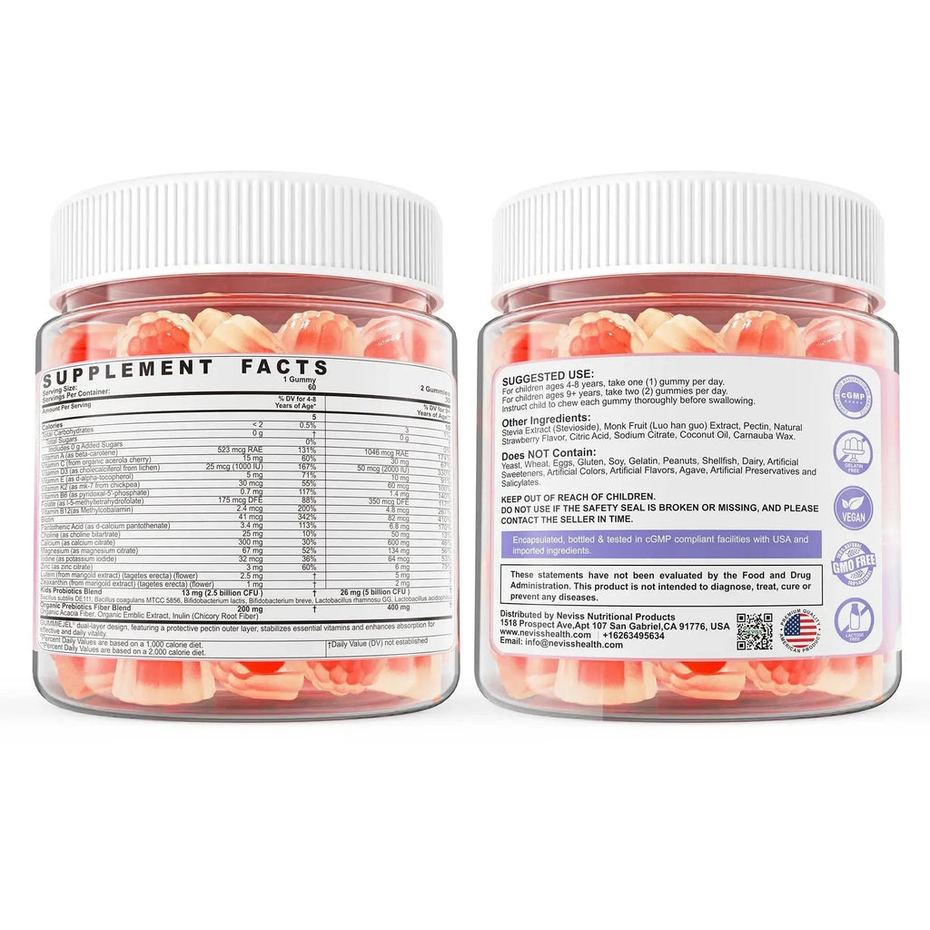 Kids Multivitamin Gummies + Calcium, Probiotics, Vitamin D3, C, Methylated B12 & Methylfolate, B6, A, K2, E, Zinc NEVISS Au supplements