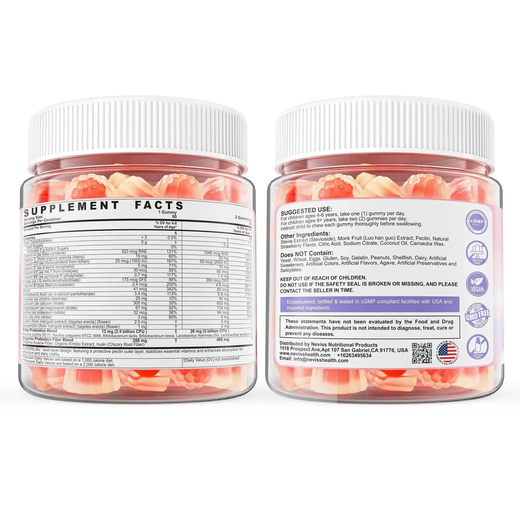 Kids Multivitamin Gummies + Calcium, Probiotics, Vitamin D3, C, Methylated B12 & Methylfolate, B6, A, K2, E, Zinc NEVISS Au supplements