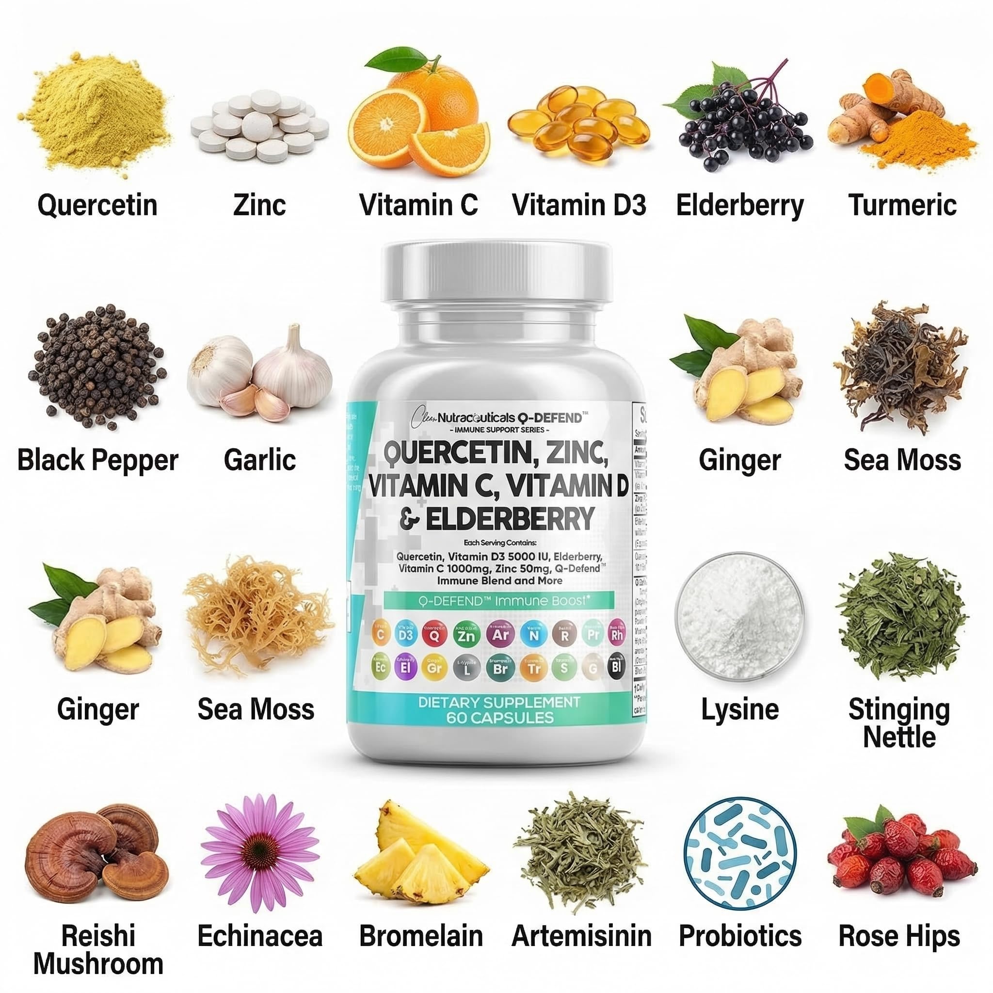 Q Defend Quercetin Supplement with Zinc Vitamin C Vitamin D Elderberry Turmeric Black Pepper Garlic Ginger Sea Moss Lysine Stinging Nettle Reishi Mushroom Immune