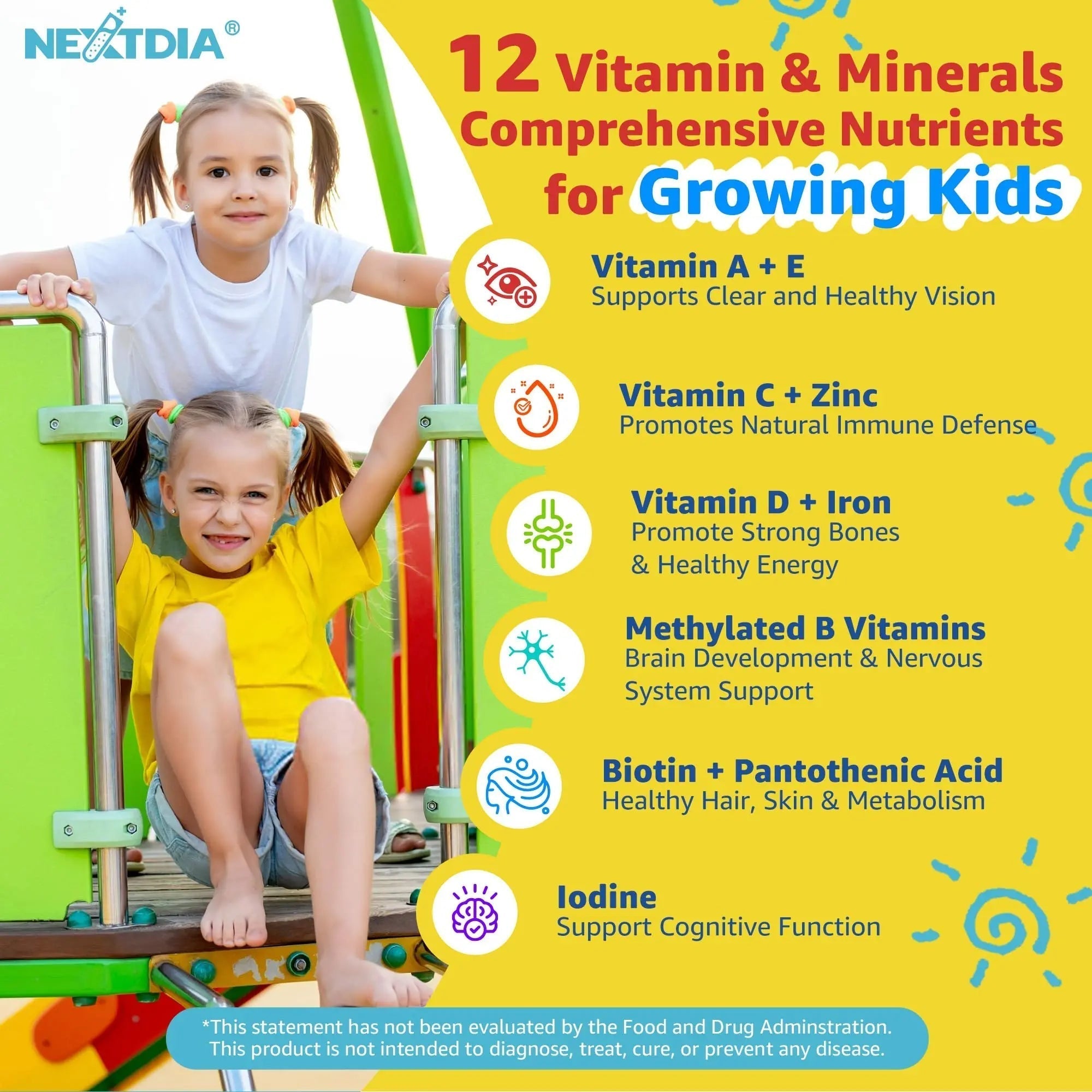 Kids Multivitamin Gummies with Iron, Sugar Free, Kids Daily Vitamins + Probiotics, Algae Omega 3 (EPA/DHA), A, C, D, Methyl B12, Folate, B6, Zinc, Biotin Nextdia Au supplements
