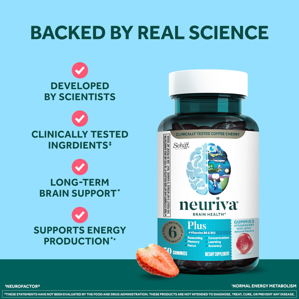 NEURIVA Plus Decaffeinated Nootropic Brain Supplement for Memory, Focus & Concentration & Cognitive Function, Clinically Tested NeuroFactor, Phosphatidylserine, Vitamins B6 B12,50ct Strawberry Gummies NEURIVA Au supplements