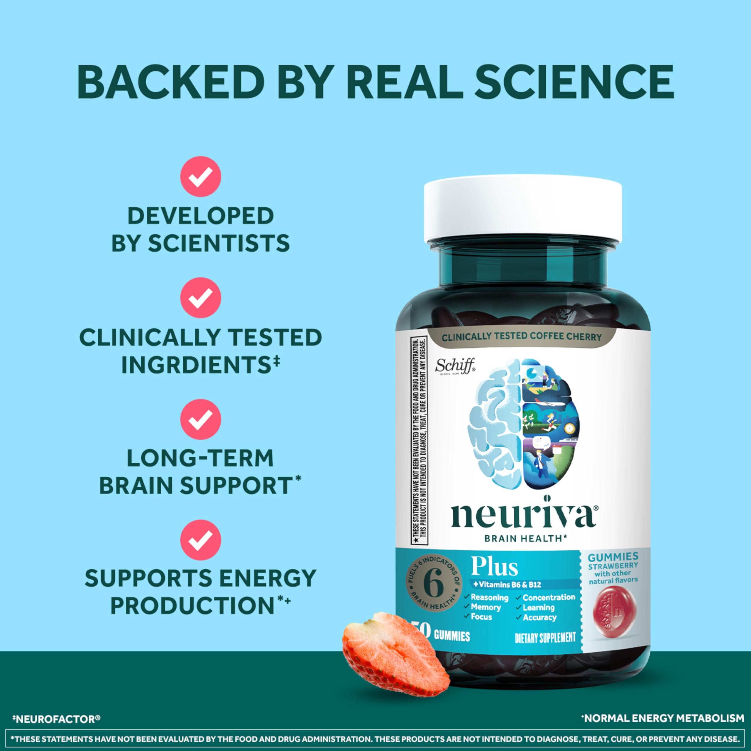 NEURIVA Plus Decaffeinated Nootropic Brain Supplement for Memory, Focus & Concentration & Cognitive Function, Clinically Tested NeuroFactor, Phosphatidylserine, Vitamins B6 B12,50ct Strawberry Gummies NEURIVA Au supplements