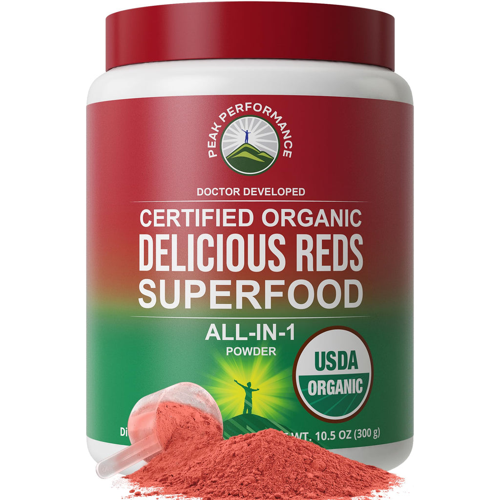 Peak Performance Organic Reds Superfood Powder, Best Tasting Organic Red Juice Super Food w/ 25+ All Natural Ingredients & Polyphenols, Vital for Max Energy and Detox. Raspberry, Elderberry, Beetroot Peak Performance Au supplements