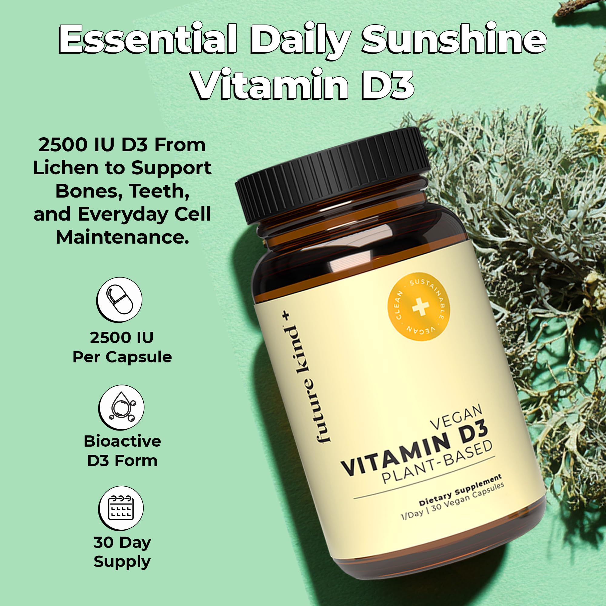 Future Kind Vitamin D3 2500 IU for Bone and Muscle Function, Vitamin D Vegan Supplement from Plant Lichen, Non-GMO, Sugar Free, Pure Vitamin D3, Promotes Natural Resilience, 30 Capsules Future Kind Au supplements