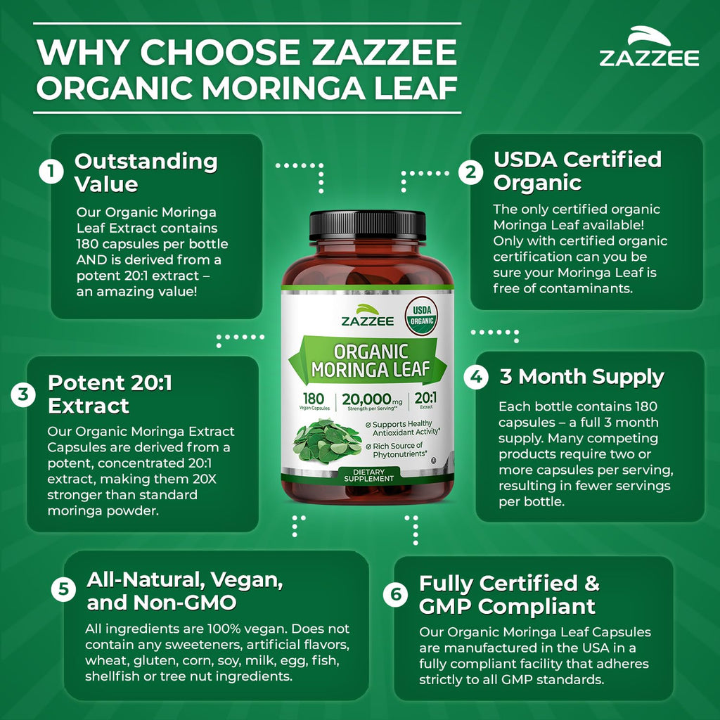 Zazzee USDA Organic Moringa Leaf 20:1 Extract, 180 Vegan Capsules, 3 Month Supply, Certified Kosher, Moringa Oleifera, Antioxidant, Immune & Cellular Support