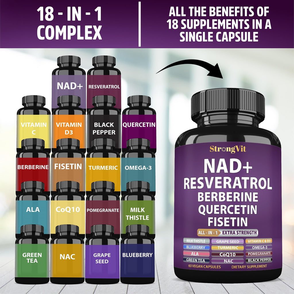 NAD Resveratrol Supplement with Berberine, Quercetin, CoQ10. Anti-Aging Formula for Women & Men. Liposomal NAD Plus, NAD+ Booster, Pure Organic Vitamin, USA StrongVit Au supplements