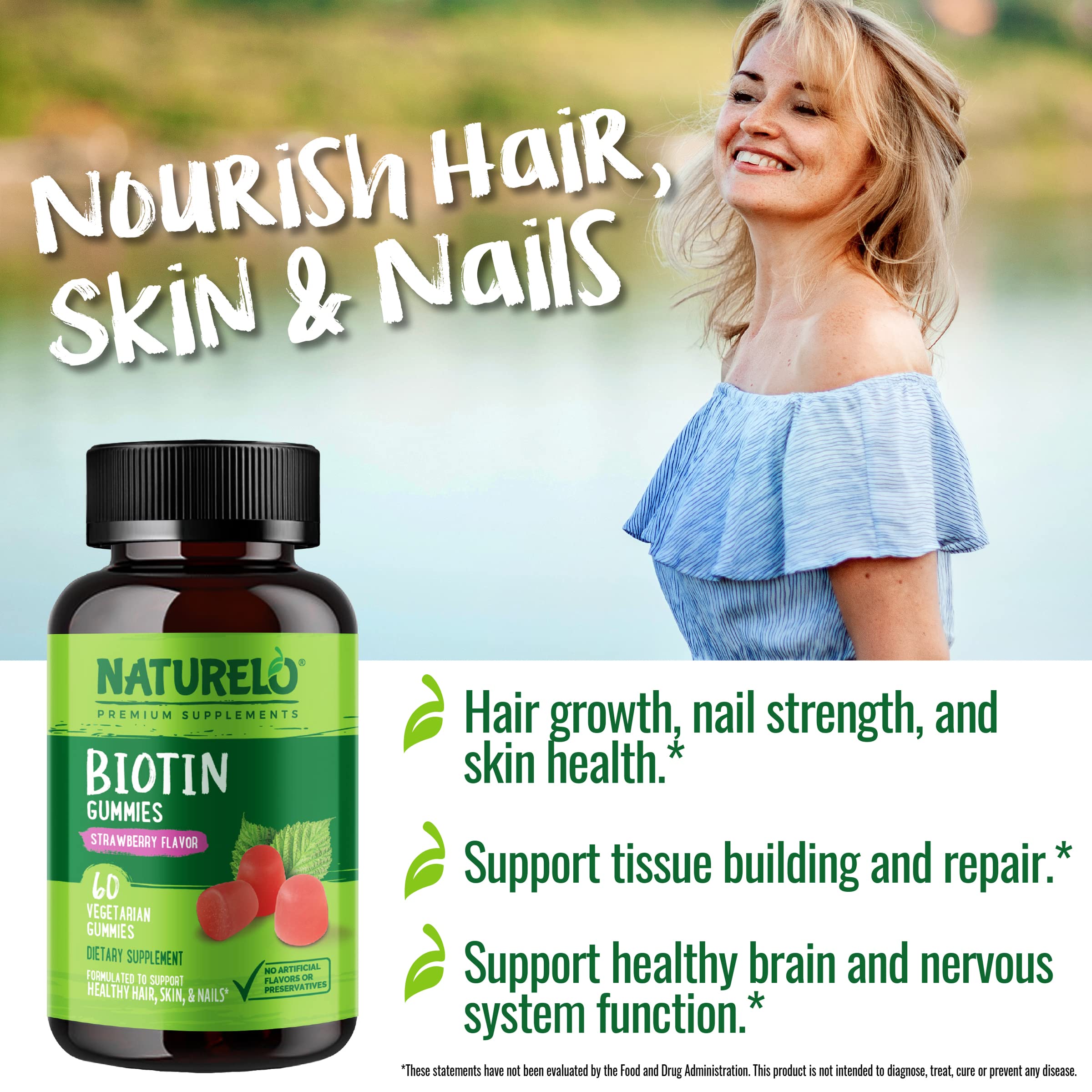 NATURELO Biotin Gummies - Supports Healthy Hair, Skin & Nails - High Potency 2500 mcg - Non GMO, Gluten Free - 60 Gummies