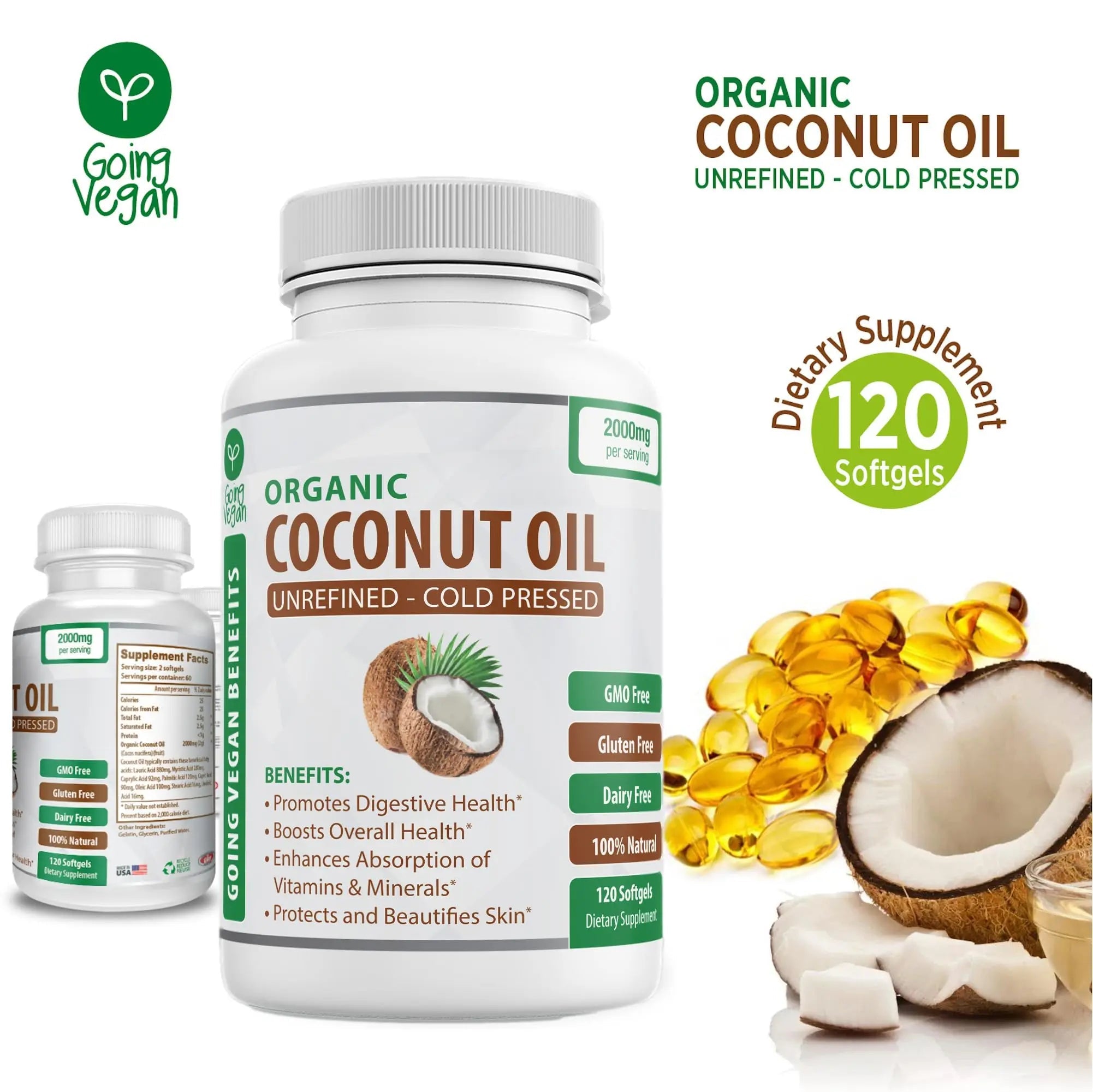 Organic Coconut Oil Capsules 2000mg - 100% Extra Virgin, Cold Pressed for Healthy Skin Going Vegan Au supplements