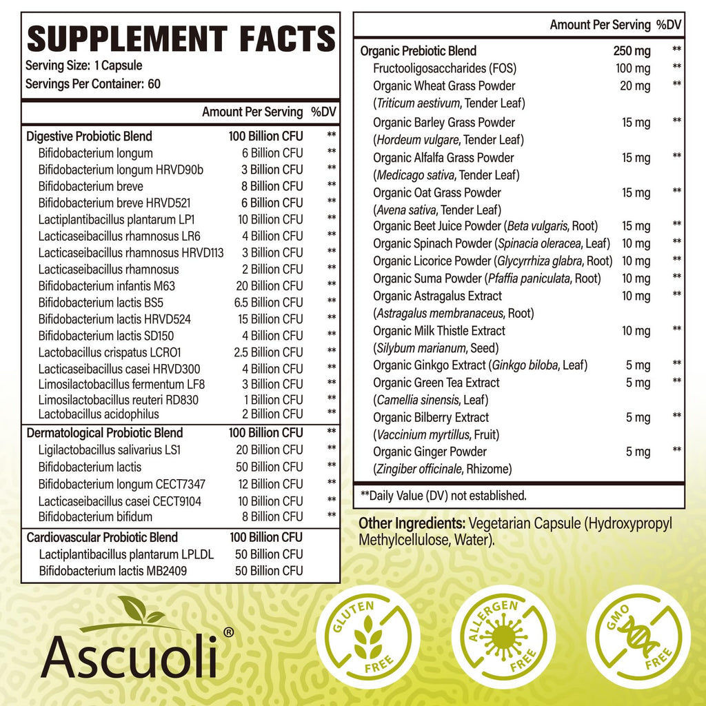 Ascuoli Probiotics for Women & Men - 300 Billion CFU, 24 Strains Probiotics + 15 Organic Herbs Blend, Daily Probiotic for Digestive Health,