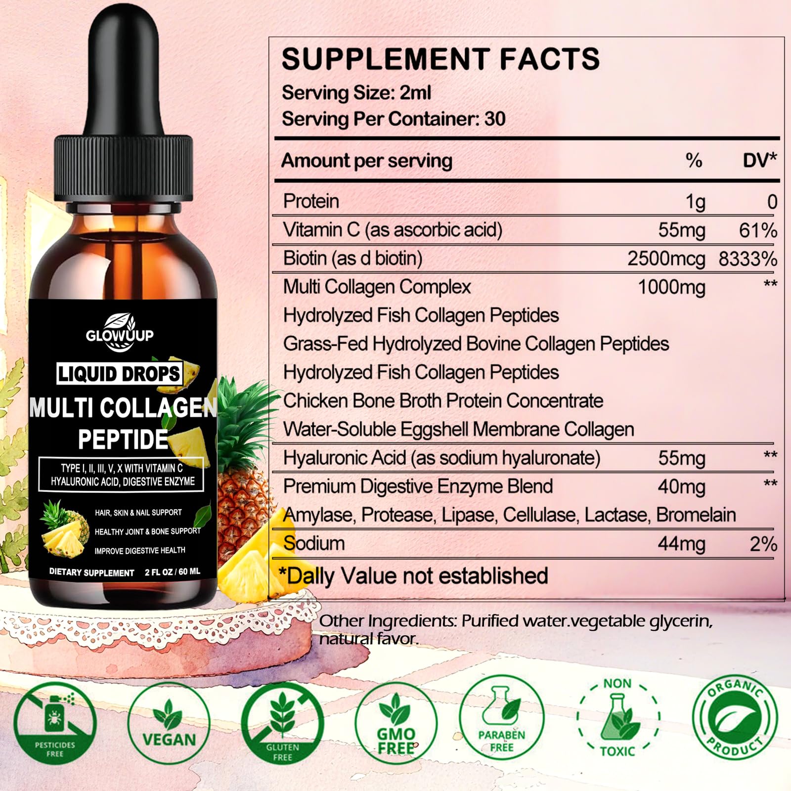 Multi Collagen Peptides Liquid Drops for Women & Men-Type I, II, III, V, X丨Hydrolyzed Collagen Peptides, Collagen Proteins W. Hyaluronic Acid, Biotin & Vitamin C for Hair Skin & Joint Gut Health GLOVVUUP Au supplements