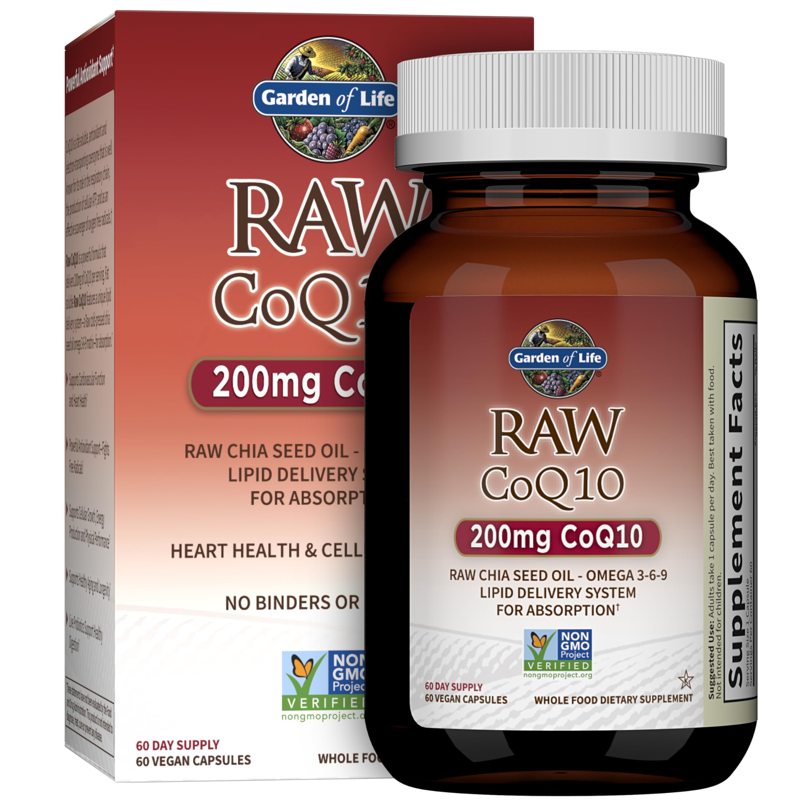 Garden of Life CoQ10 200mg, Vegetarian Omega 3 6 9 Supplement Raw Co Q 10 Chia Seed Oil, Whole Food Nutrition with Antioxidant Support