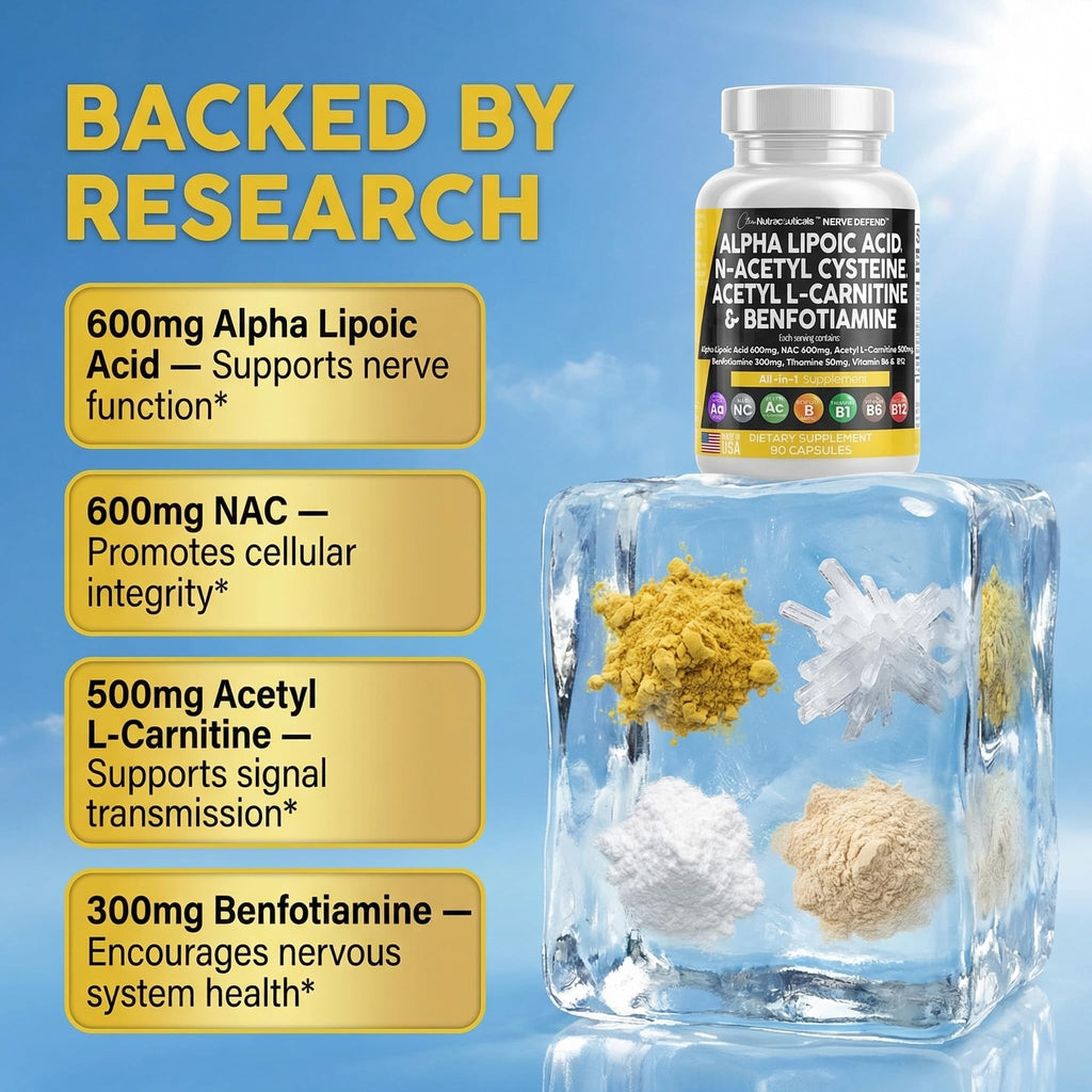 Alpha Lipoic Acid 600mg N-Acetyl Cysteine 600mg Acetyl L-Carnitine 500mg Benfotiamine 300mg - Nerve Support Supplement for Women and Men