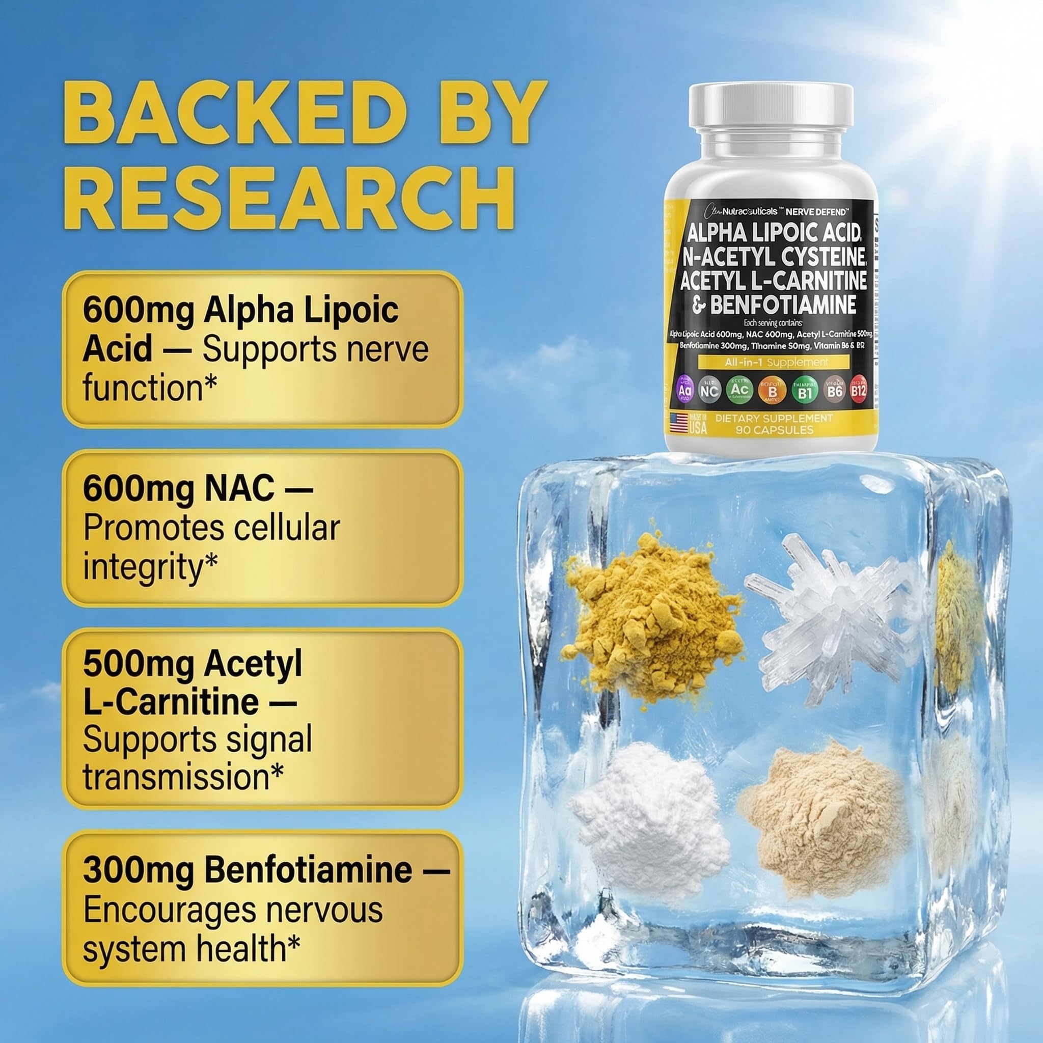 Alpha Lipoic Acid 600mg N-Acetyl Cysteine 600mg Acetyl L-Carnitine 500mg Benfotiamine 300mg - Nerve Support Supplement for Women and Men