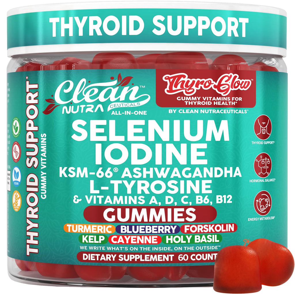 ThyroGlow Thyroid Support Gummies Selenium Iodine KSM 66 Ashwagandha L Tyrosine Vitamin D, C, B12, B6 Turmeric Blueberry Holy