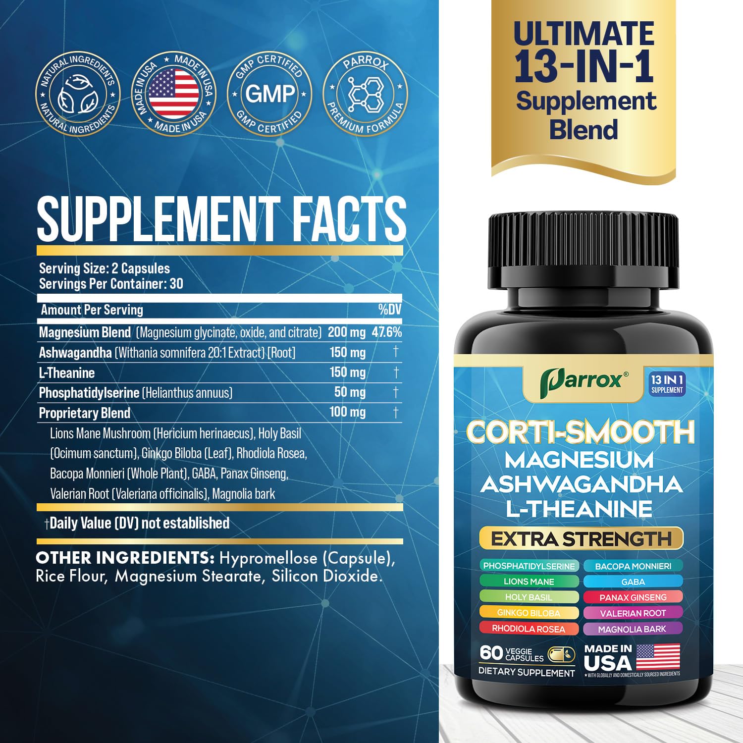 Parrox Corti-Smooth Cortisol Supplement Magnesium, L-Theanine, Ashwagandha, Phosphatidylserine, Valerian Root, Lions Mane, Bacopa Monnieri, Ginkgo Biloba, Panax Ginseng, Magnolia Bark, GABA (60 Caps) Parrox Au supplements