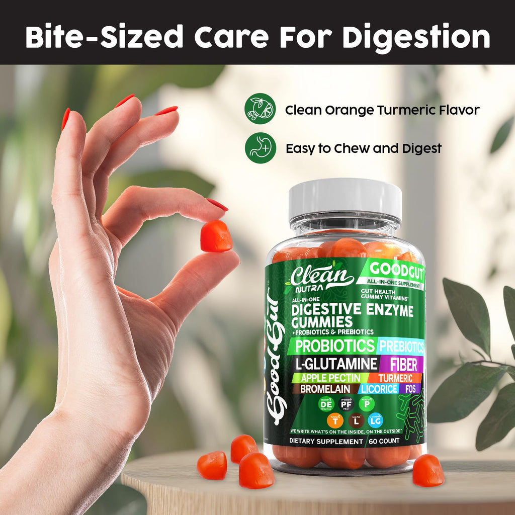 Clean Nutraceuticals Digestive Enzymes with Probiotics & Prebiotics for Digestive Health Gummies & L-Glutamine for Gut Health Bromelain Apple Pectin Inulin FOS Plant