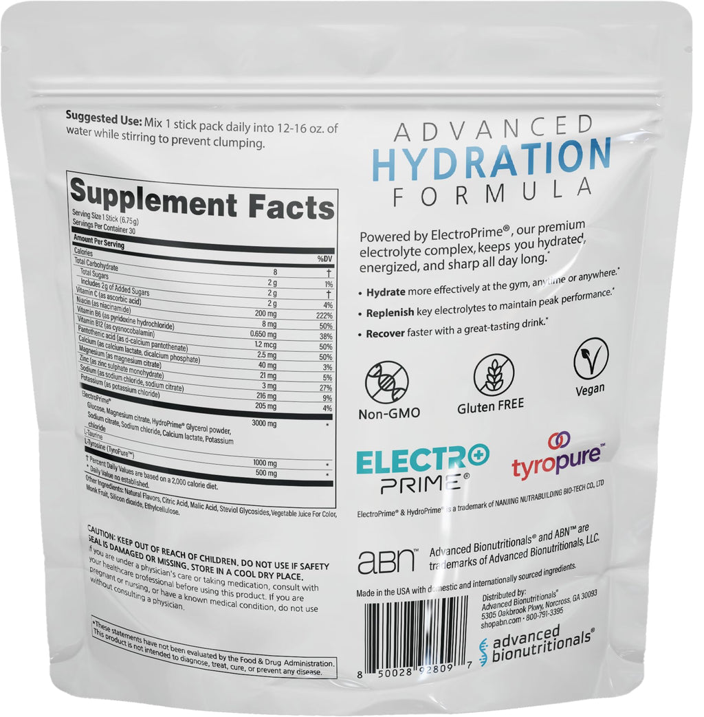 Advanced Bionutritionals Advanced Hydration Formula Electrolyte Drink Mix Powder with ElectroPrime®, L-Taurine, TyroPure™, B-Vitamins, Vitamin C – Strawberry Watermelon – 30 Stick Packs