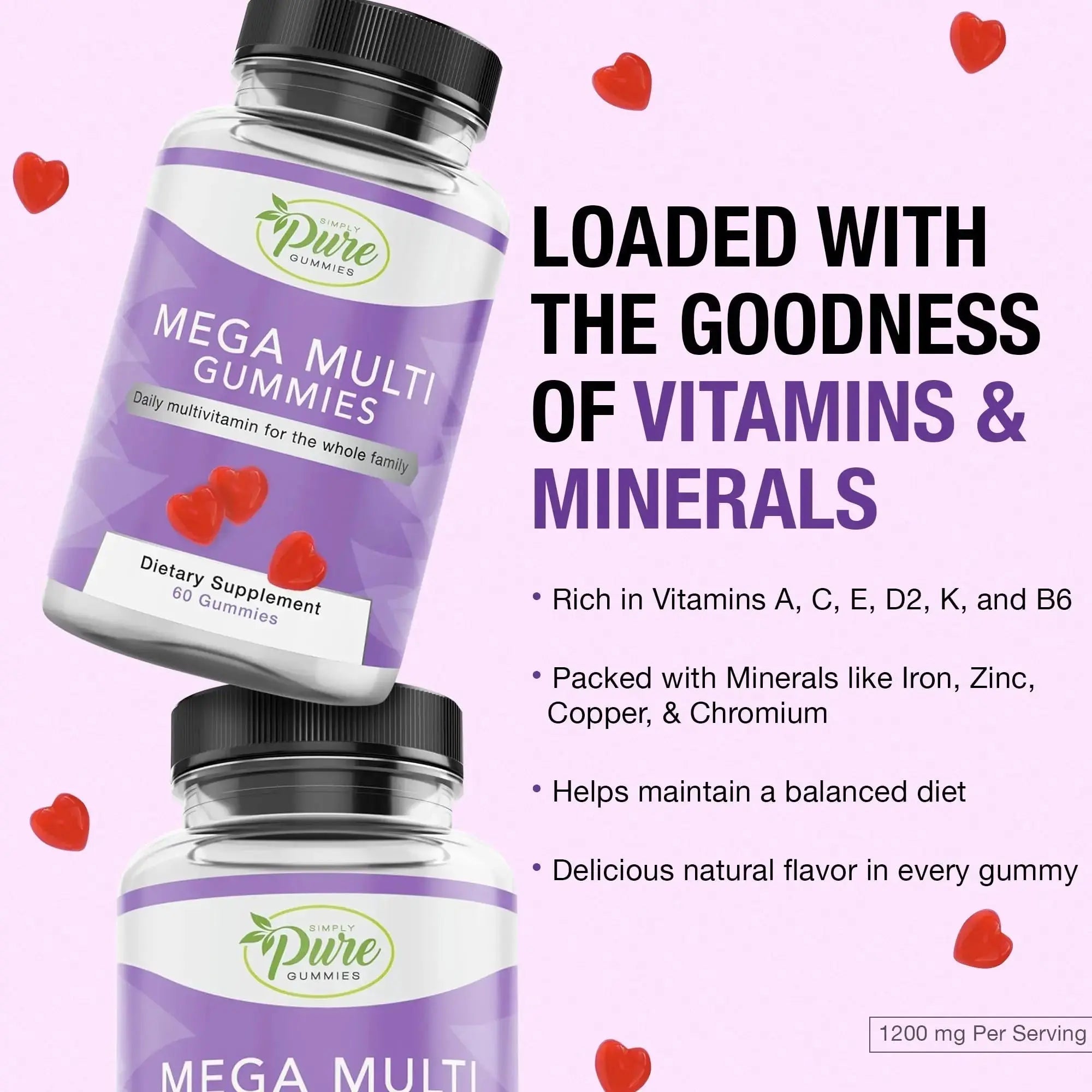 Pure By Nature Mega Multi Gummies, Multivitamin Gummies for Women & Men, Kids Multivitamin Gummies with A, D2, C, E, K, Biotin Pure By Nature Au supplements