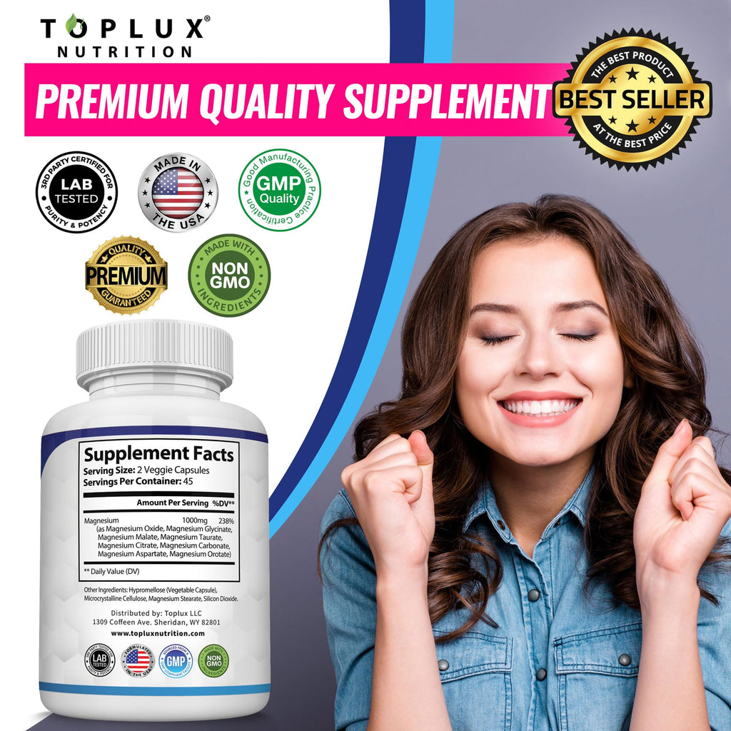 Magnesium Complex Supplement 8 Elemental 1000mg - Magnesium Glycinate, Citrate, Malate, Taurate, Chelated for Easy Absorption for Bones, Muscle, Recovery, Energy, Vegan Non-GMO 90 Capsules Toplux Au supplements