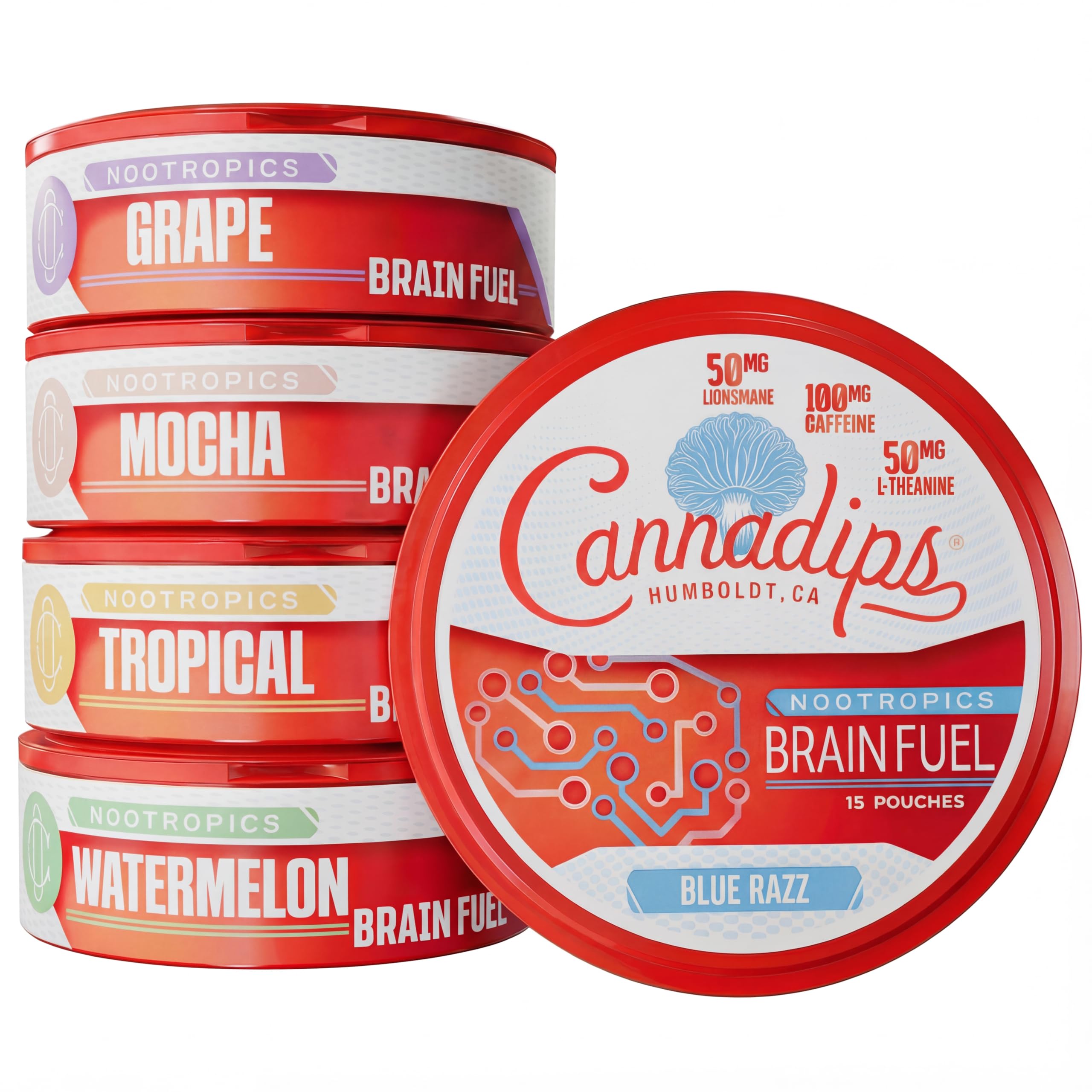 Cannadips - Brain Fuel Variety Pack - Nootropic Caffeine Pouches - 50mg Lion's Mane, 100mg Caffeine, 50mg L-Theanine, No Sugar - Clean Energy Brain Fuel for Cognitive Performance, Made in USA (5-PACK) Cannadips Au supplements