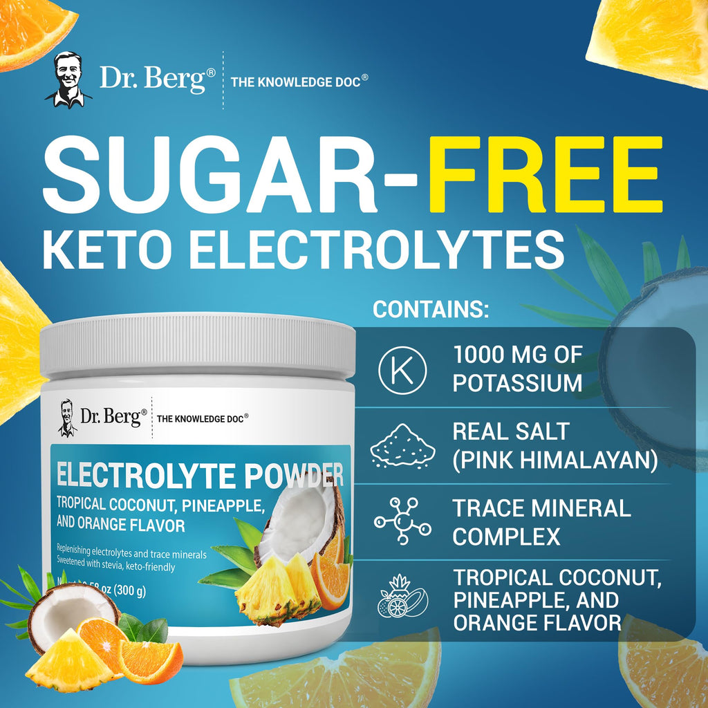 Dr. Berg Zero Sugar Hydration Keto Electrolyte Powder - Enhanced w/ 1000 mg of Potassium & Real Pink Himalayan Salt (NOT Table Salt) - Tropical Coconut