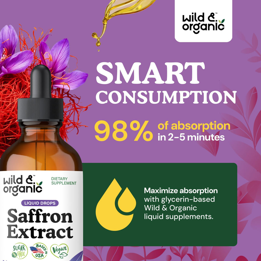 Wild & Organic Saffron Supplements 88.5 mg - Mood, Focus & Eye Support - Saffron Extract Liquid Drops - Add to Tea - 5-Month Supply - Crocus Sativus Herb