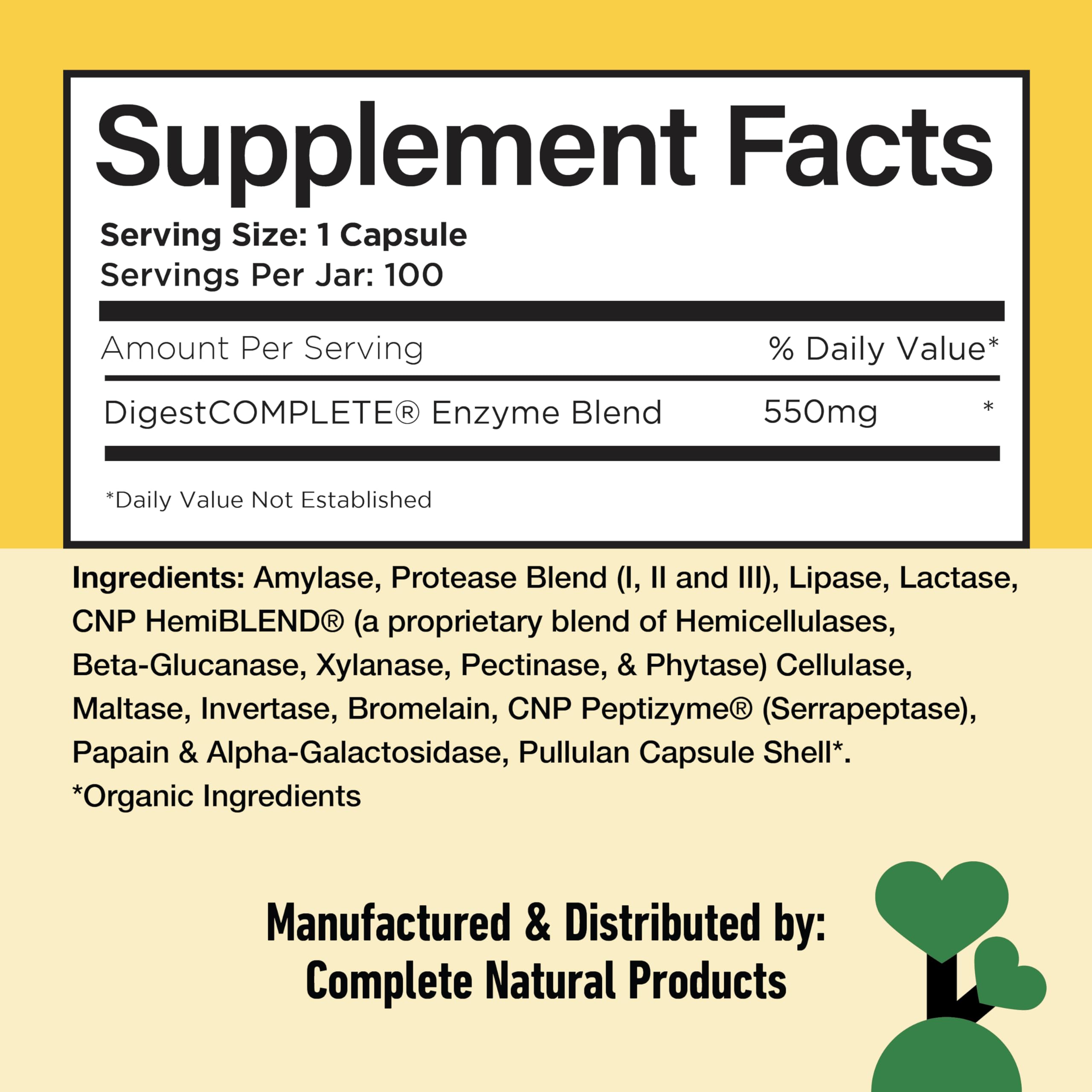 Complete Natural Products Digestive Enzyme Capsules, 550mg, 100ct | Plant-Based Formula