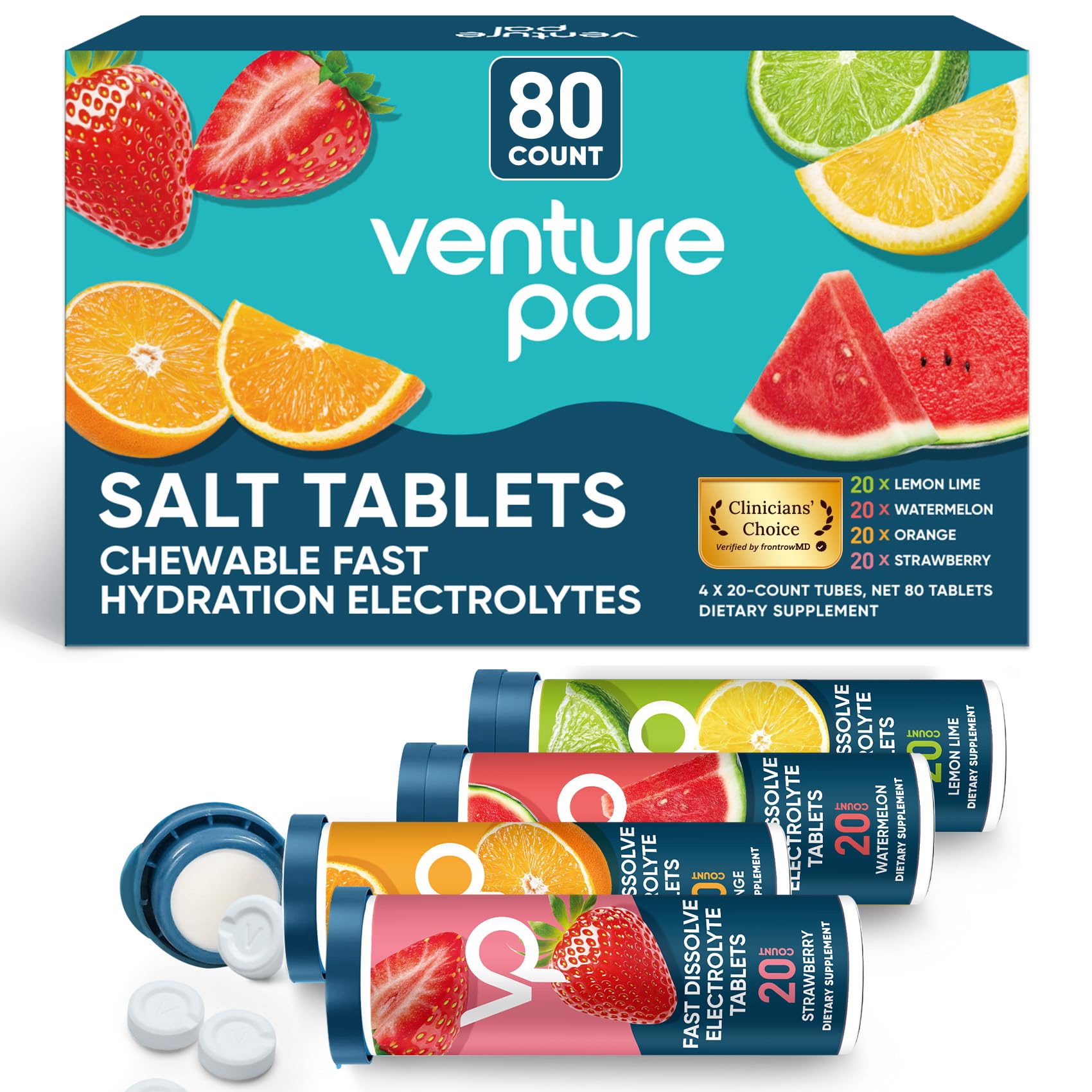 Venture Pal Chewable Electrolyte Tablets, 80 Count Fast-Dissolve Sugar-Free Stick Salt Tablets,Gluten Free – Variety Pack for Rapid Hydration, Outdoor Running,