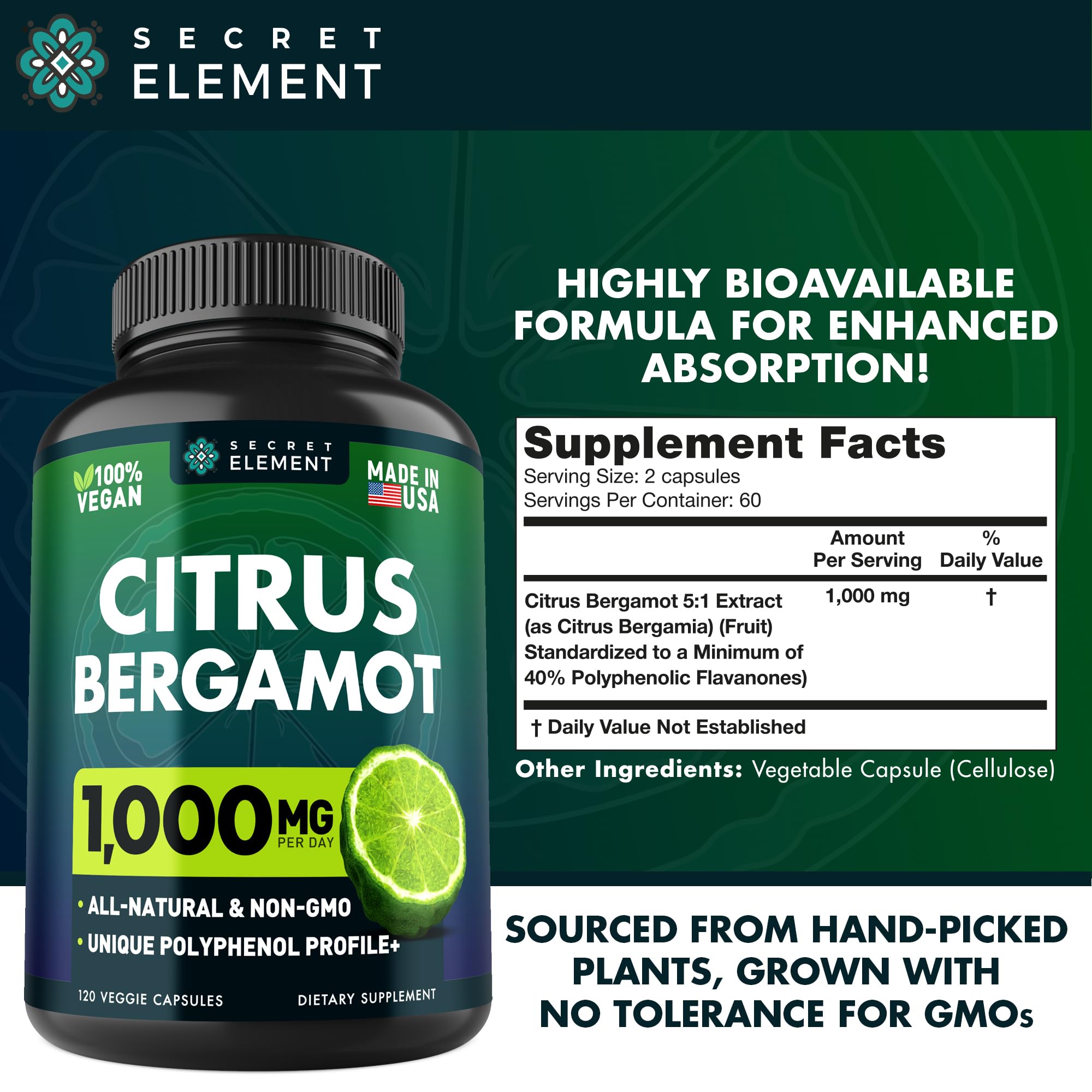 (2 PACK) Citrus Bergamot Extract 1000mg - Citrus Bergamot Supplement for Circulatory Health, Immunity, and Graceful Aging - 2x the potency of Citrus Bergamot 500mg