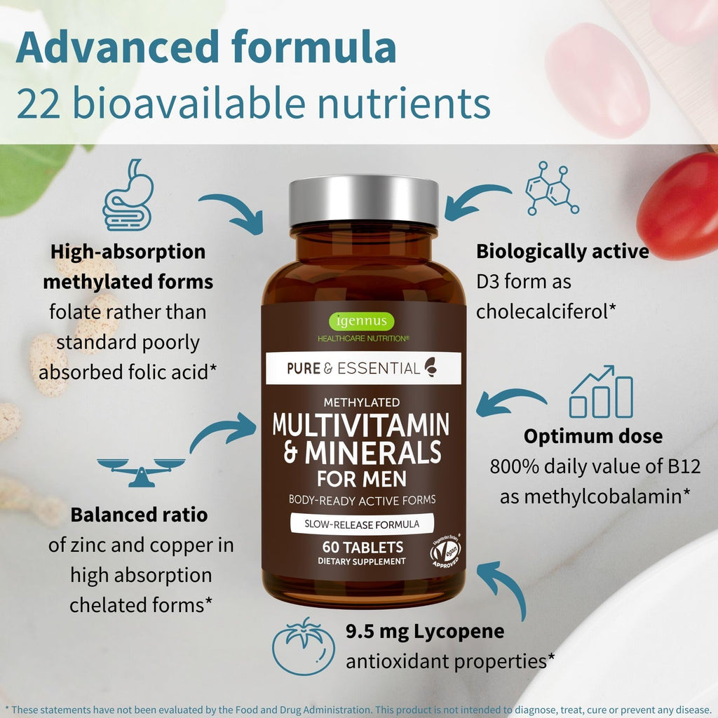 Igennus Methylated Men's Multivitamin with 22 Actives, Added Lycopene for Antioxidant Support, High Potency B12, Sustained Release,