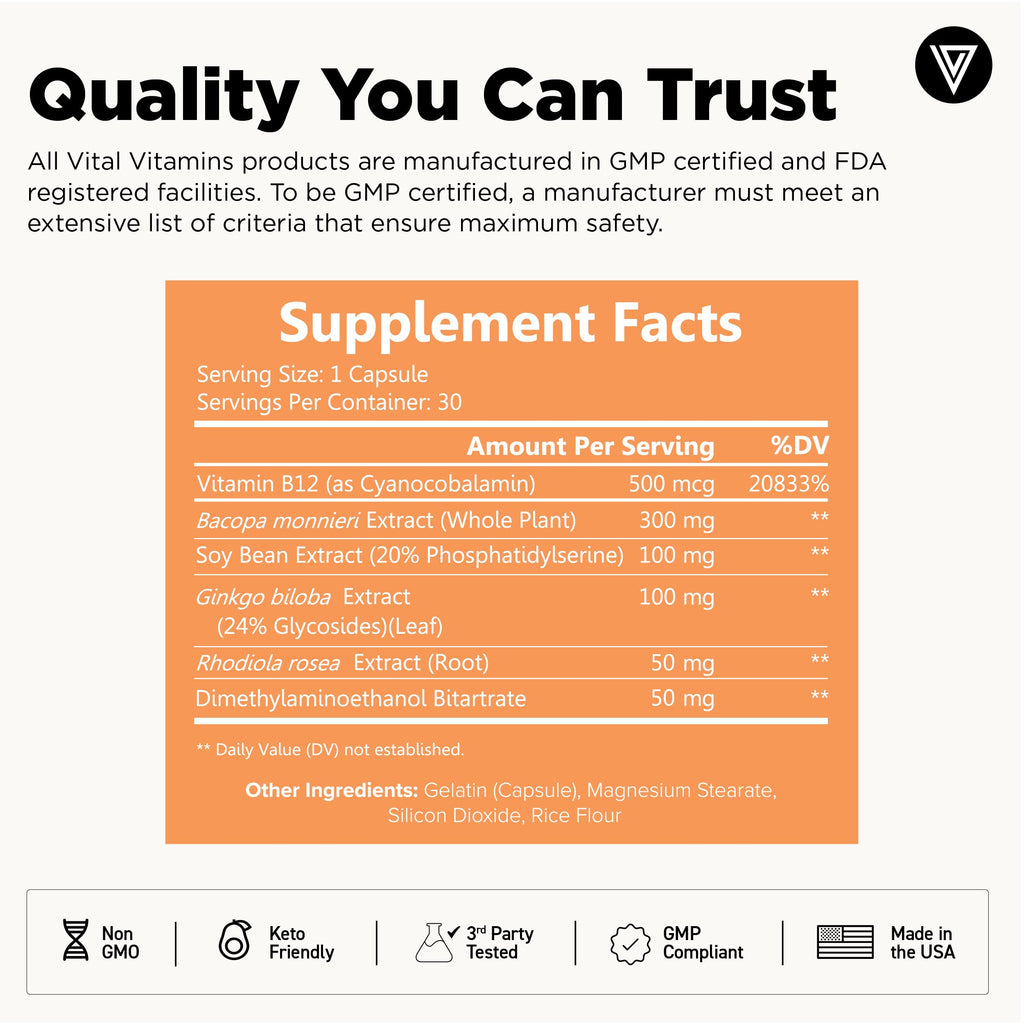 Vital Vitamins Brain Supplements with Bacopa Monnieri - for Memory and Focus – Nootropic Brain Booster - Caffeine-Free Support for Adults & Seniors – Non-GMO, 30-Day Supply, 30 Capsules Vital Vitamins Au supplements